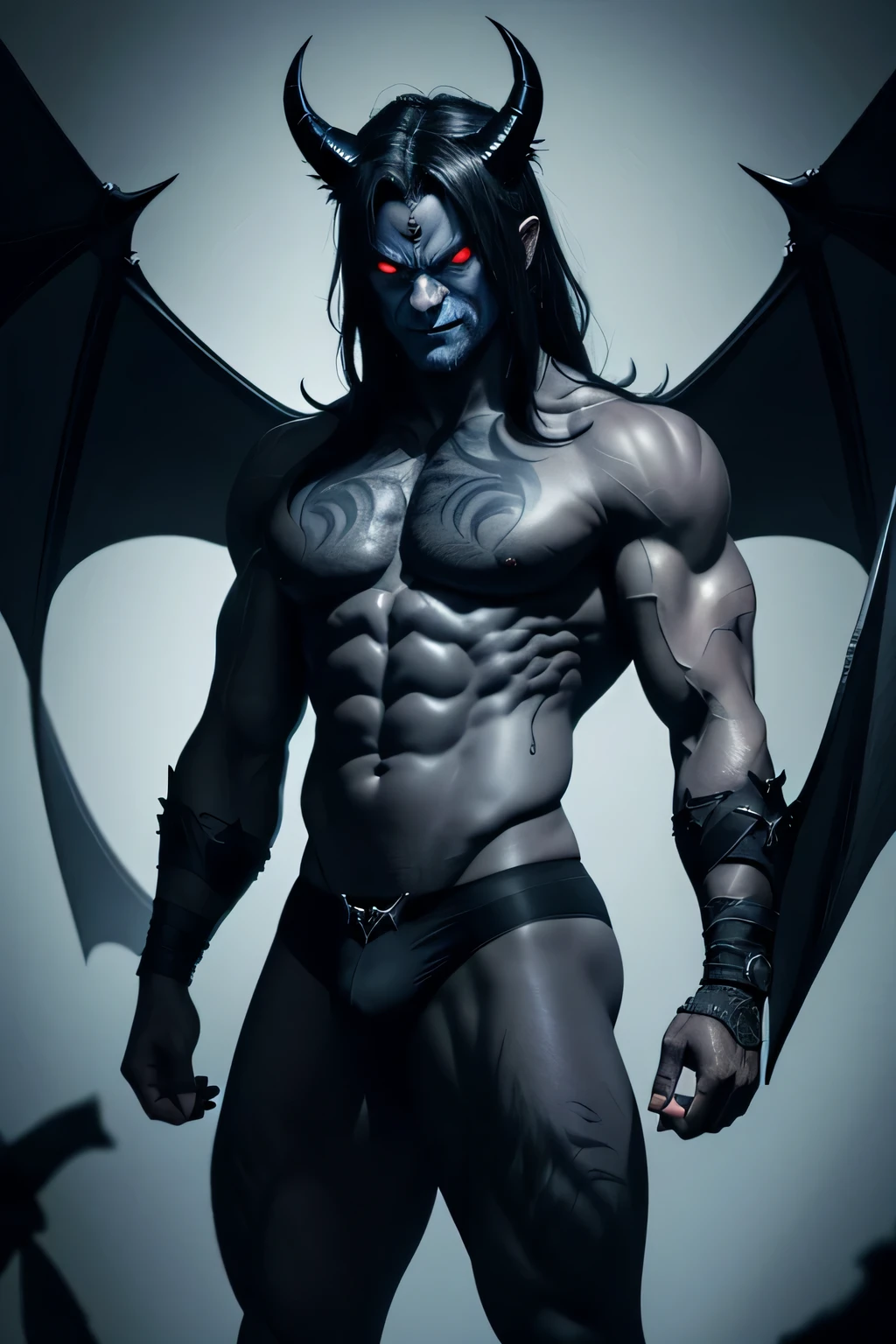 Devil Man　black underwear　has horns on its head　Cat&#39;eyes　blue skin and muscles　bat wings on the back　with an evil smile　dungeon style background, Hmm, retina, masterpiece, Accurate, anatomically correct, rough skin, Super detailed, advanced details, high quality, Awards, 最high quality, High resolution