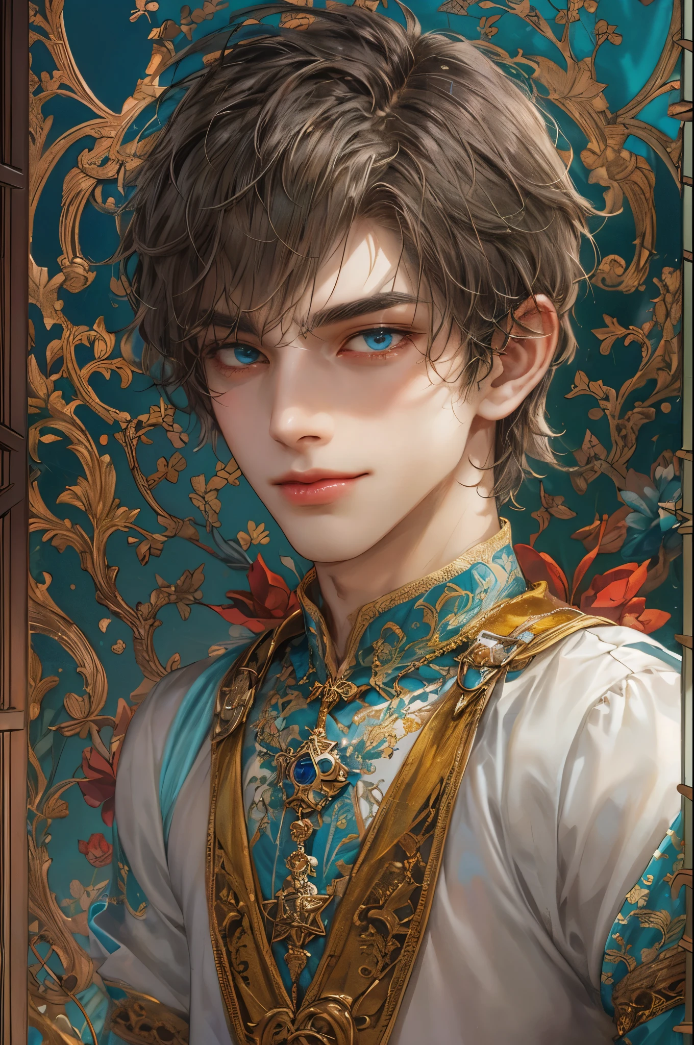 ((absurdres, highres, ultra detailed, perfect face), 1 boy , front view, young boy, handsome boy villain character from prince of Persia, short hair, anime eyes, celestial clothes with colorful details, eyes on the viewer, add red details to picture and smirk, dimples, extremely detailed CG unity 8k wallpaper, add blue details on side, intricate details and add yellow details on left, rose ornaments, witch castle background, detailed houses town scenery window background, tim burton style theme