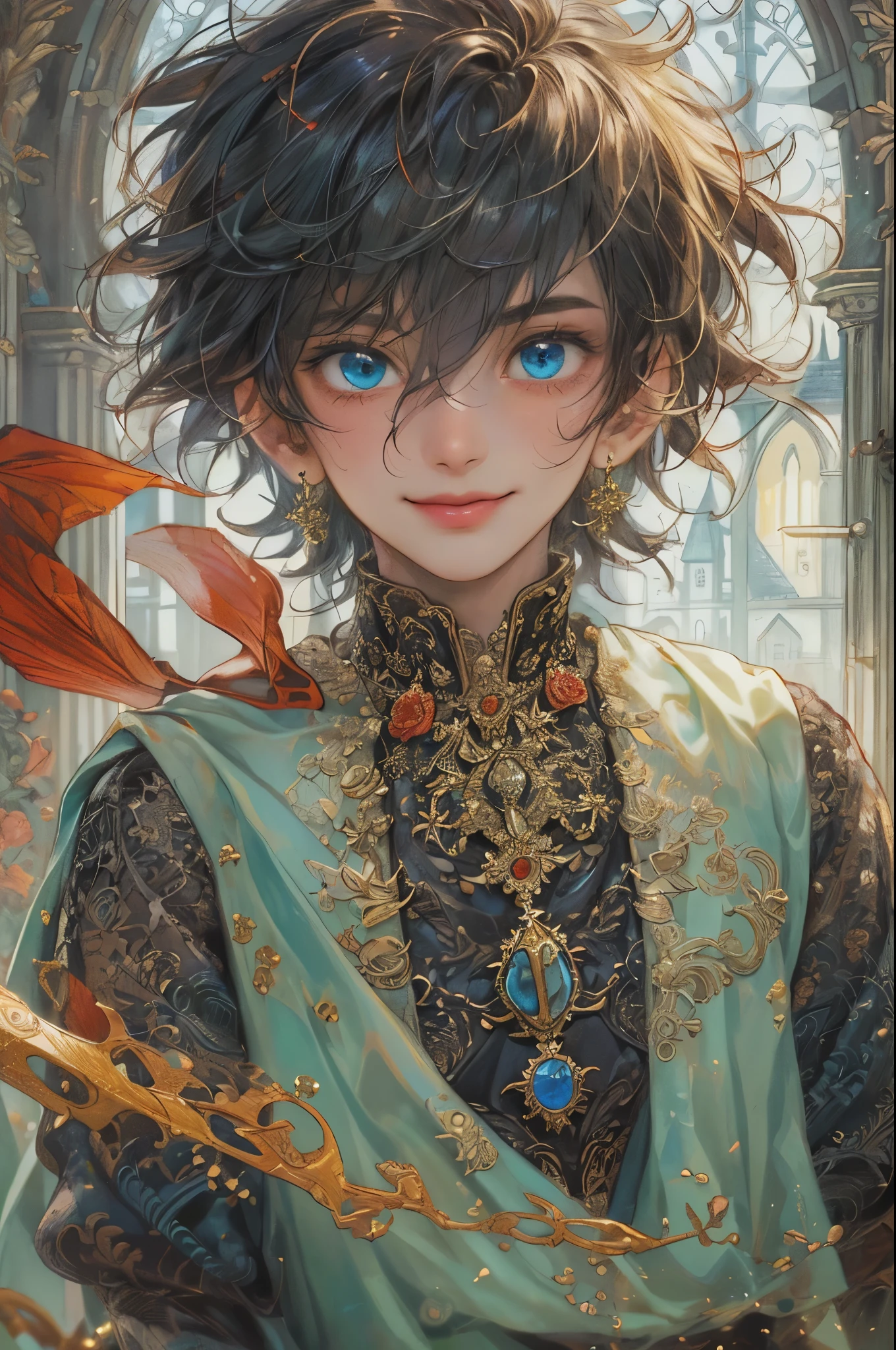 ((absurdres, highres, ultra detailed, perfect face), 1 boy , front view, young boy, handsome boy villain character from prince of Persia, short hair, anime eyes, celestial clothes with colorful details, eyes on the viewer, add red details to picture and smirk, dimples, extremely detailed CG unity 8k wallpaper, add blue details on side, intricate details and add yellow details on left, rose ornaments, witch castle background, detailed houses town scenery window background, tim burton style theme