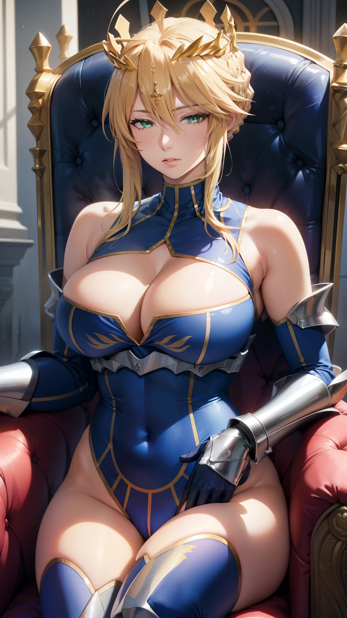 (best quality, highres), close-up, portrait, artoria pendragon lancer, adult woman, green eyes, artoriaLancer, braid, crown, turtleneck, cleavage cutout, sleeveless, blue leotard, gauntlets, royal throne, sit on the throne, ultra detailed