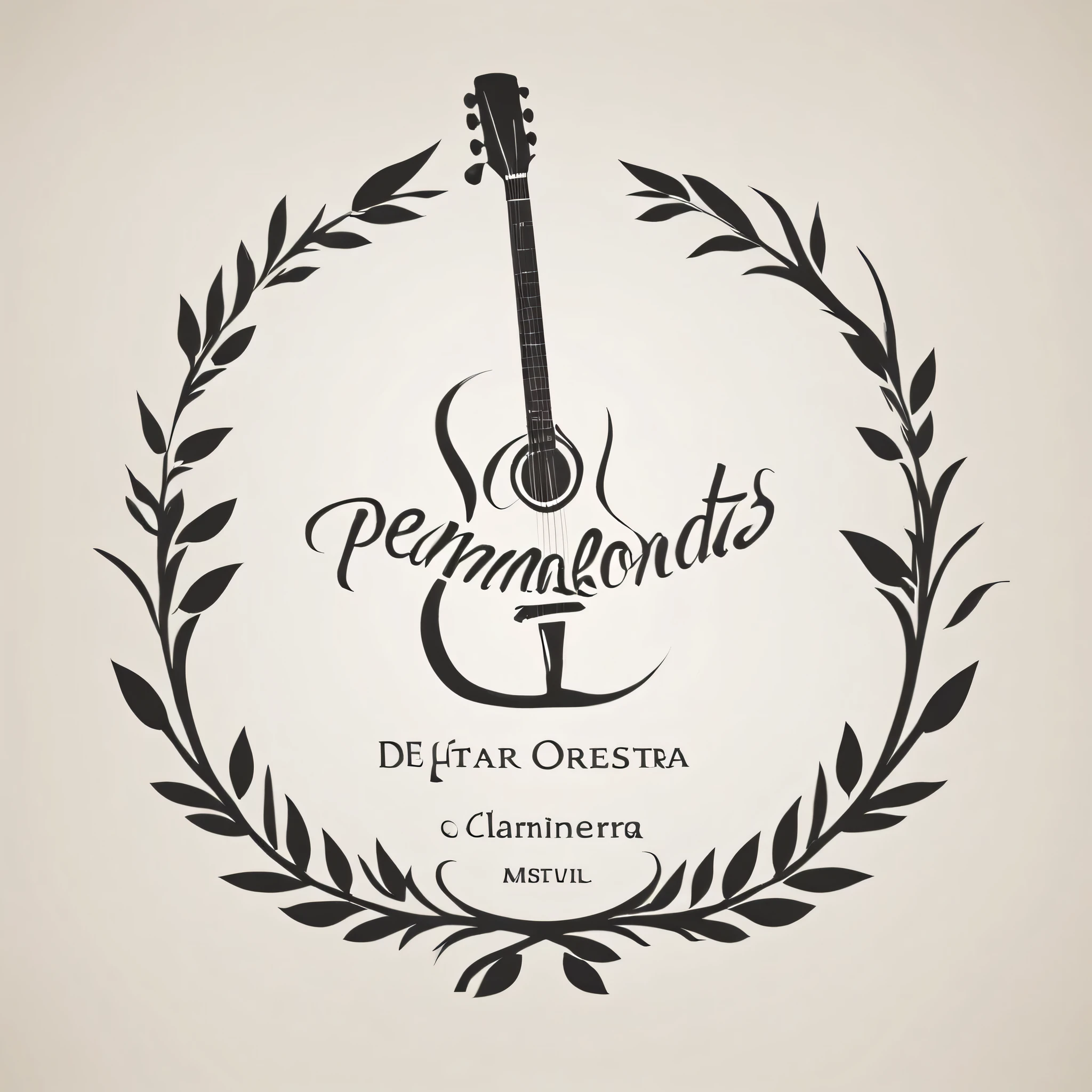 Develop a logo for the Guitar Orchestra, uma orquestra que apresenta uma variedade de instrumentos, incluindo guitarra, clarinete, flauta e pandeiro. A logomarca deve incorporar elementos visuais que representem esses instrumentos de forma equilibrada e harmoniosa, evitando o uso de instrumentos de arco, como violinos e violoncelos. Furthermore, inclua elementos de partitura musical para enfatizar a natureza musical da orquestra. O fundo da logomarca deve ter a cor de madeira, evocando a ideia de uma atmosfera acolhedora. It is essential that the logo remembers that it is an orchestra, conveying sophistication and dynamism, reflecting the quality and musical excellence of the Guitar Orchestra.