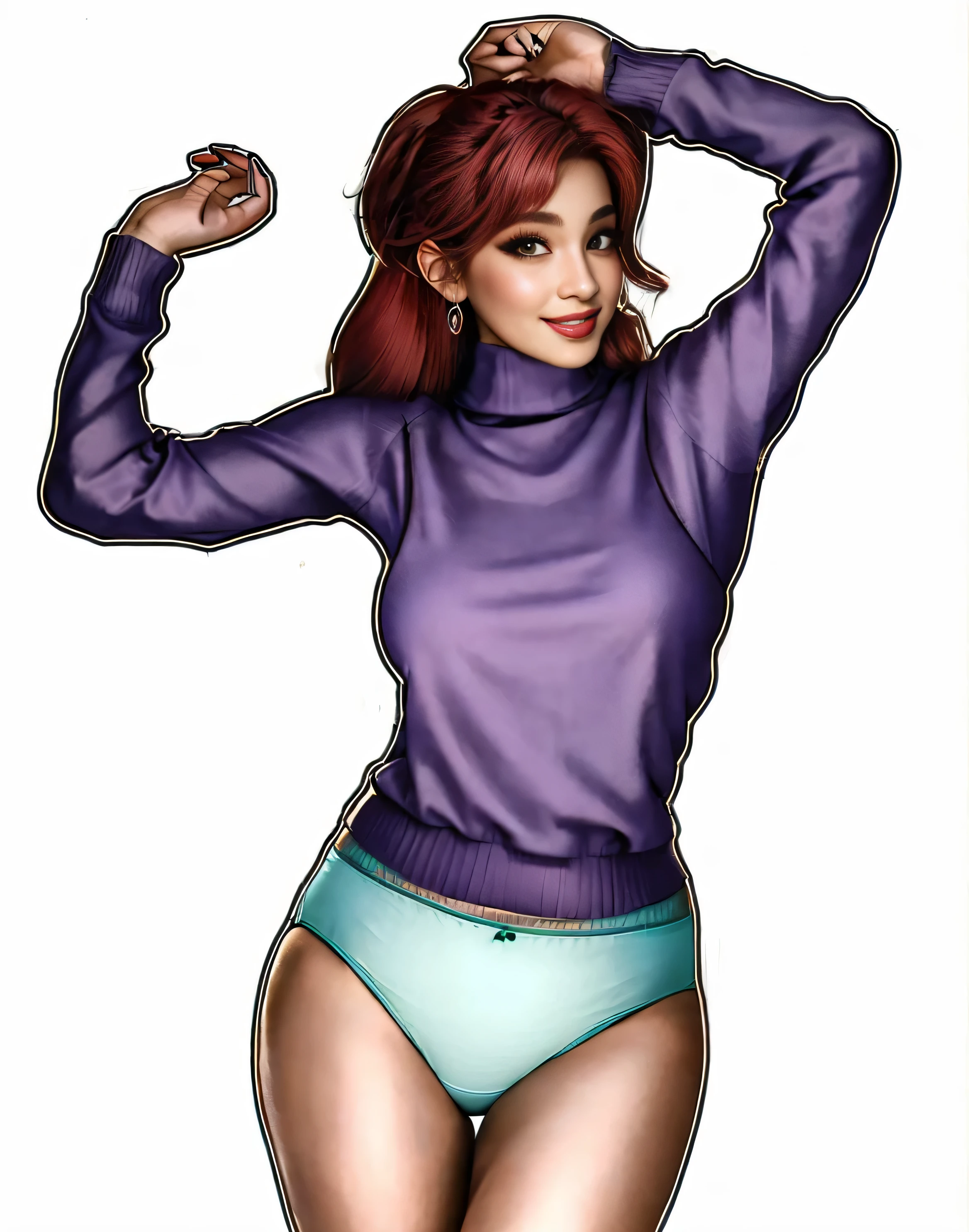 ((masterpiece, best quality)), ((27 year old)), (((Curvy))), (((Latina with long red hair))), in purple sweater, ((teal cotton panties)), (((Large Hips))), smiling, (((realistic art style)))