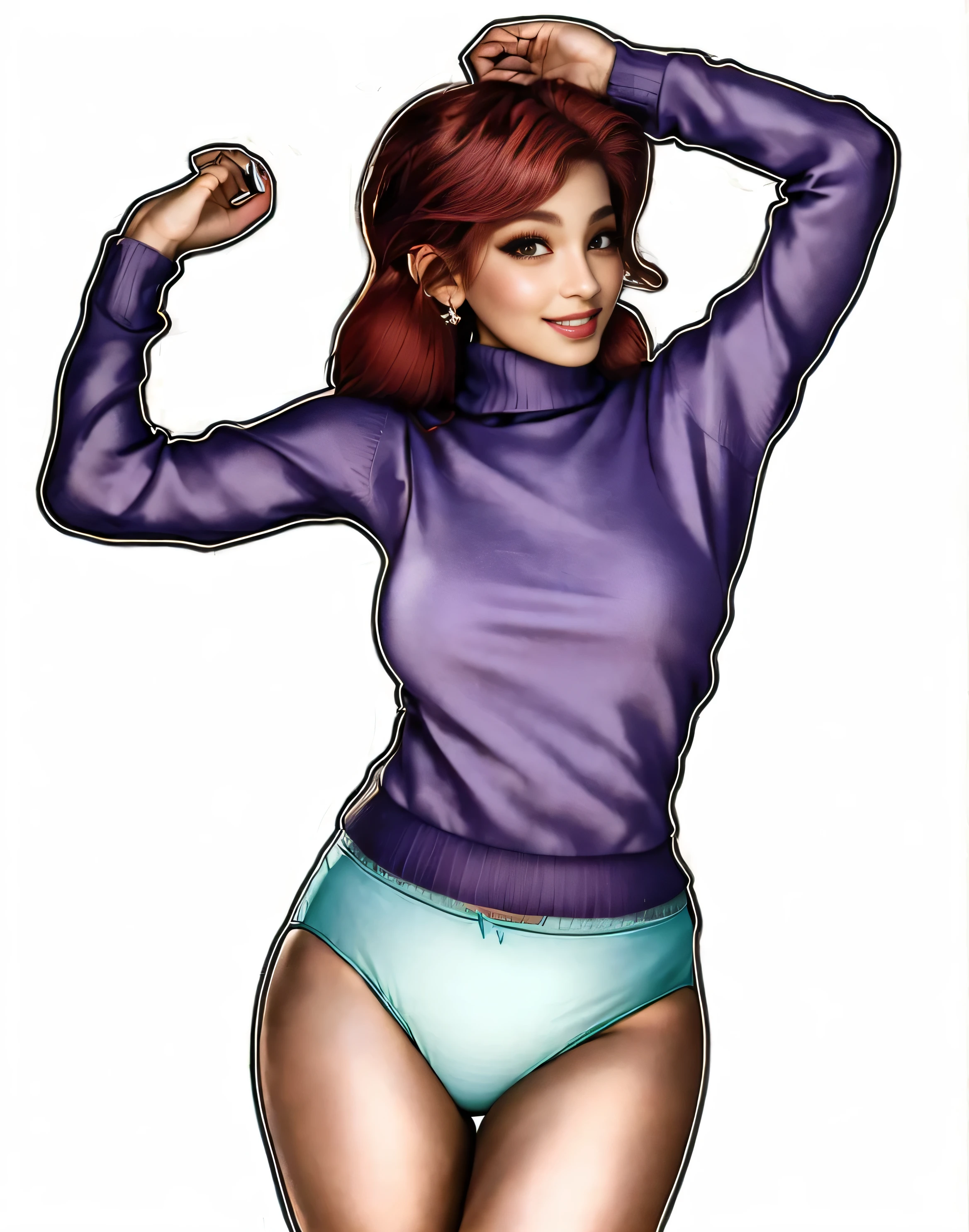 ((masterpiece, best quality)), ((27 year old)), (((Curvy))), (((Latina with long red hair))), in purple sweater, ((teal cotton panties)), (((Large Hips))), smiling, (((realistic art style)))