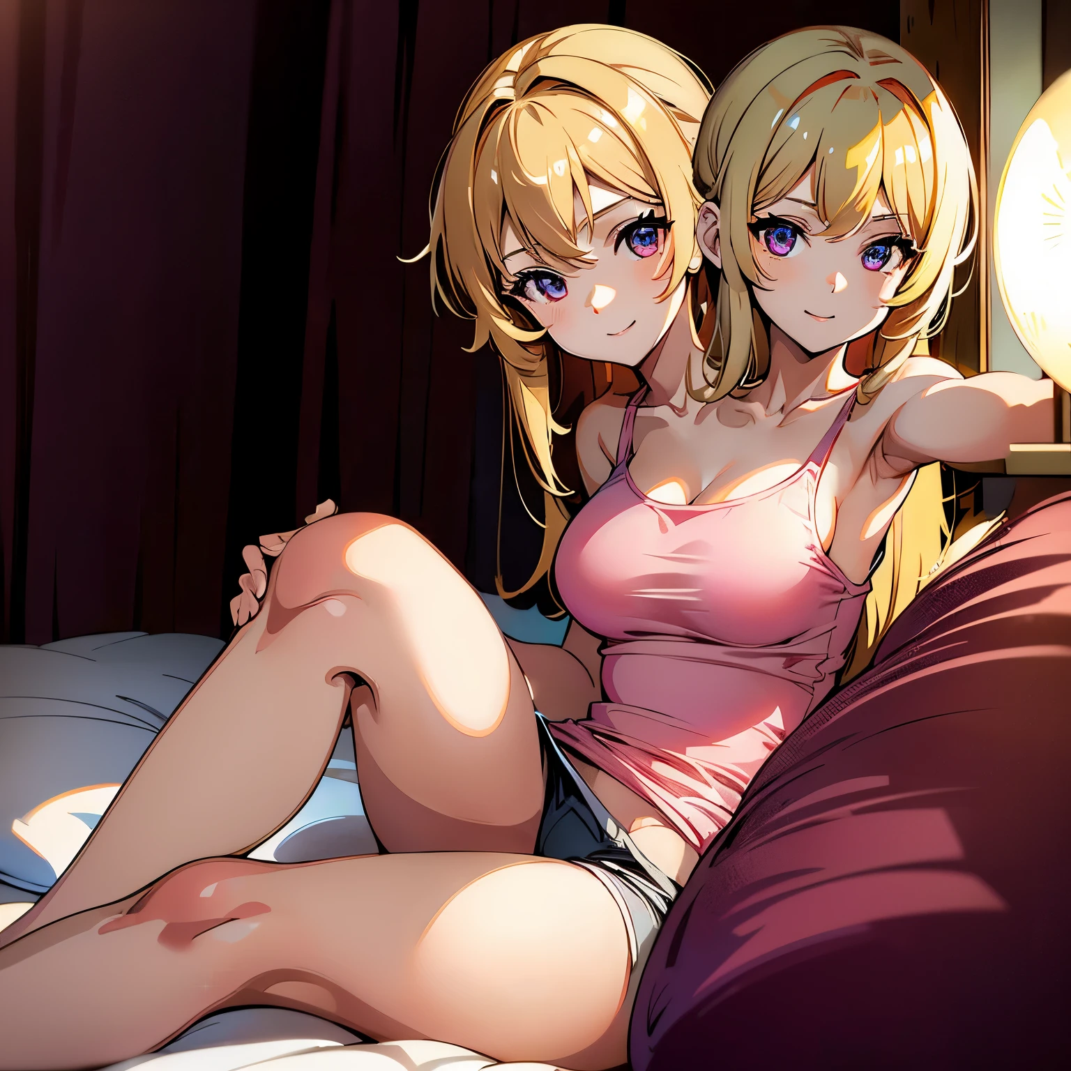 Princess Peach in pink lingerie, Princess Zelda in blue lingerie, Asuna Yuki in white lingerie, the dark magician in lingerie, the four of them lying on a bed in different sexy positions 