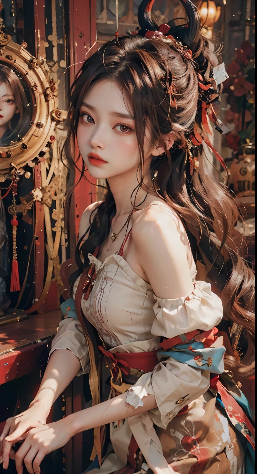 Reddish-brown hair，ponytail，red headdress，red eyes，Detailed and meticulous eyes，tube top dress