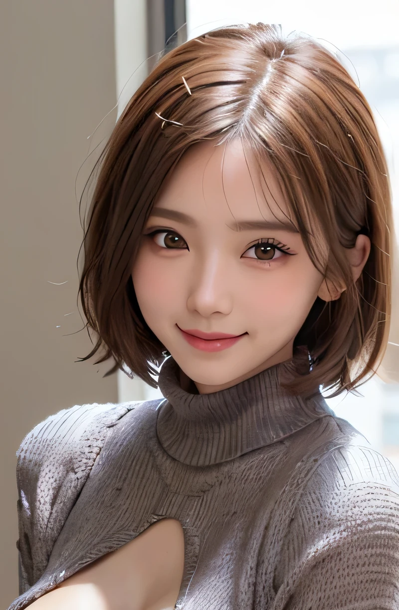table top, highest quality, figure, super detailed, small details, High resolution, 8k wallpaper, 1 girl, alone, japanese girl, 18-year-old, 完璧なダイナミックな構figure, detailed and beautiful eyes, round big eyes, droopy eyes, natural lip, (Sweater with an oval opening on the upper chest:1.4), (turtleneck tight knit sweater:1.2), (Sweaters in different colors:1.4), (big breasts:1.2), firm chest, cleavage, (charming smile:1.2), from the waist up, shallow depth of field, focus on the eyes, (short hair:1.2), light makeup, shallow depth of field, Bokeh,