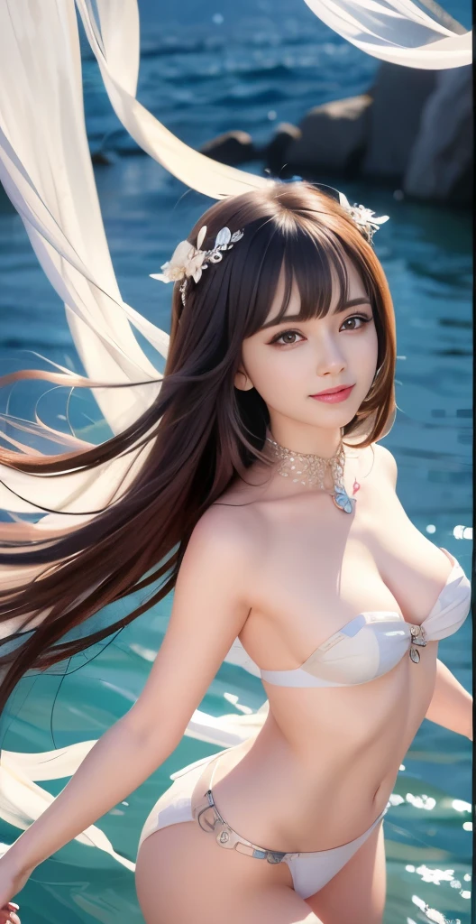 close on face, woman, stand up, long white hair, Mercerized gloss, grace, abundant, grace, Lovely,Smile,Cheerful,ocean, water, sense of fragmentation, This is, bubble, double braid, hairline, side fringe, Headbands, hair accessories,sparkling, light, Ultra high quality, high resolution, best quality, 8k, high detail, high quality, Super details, anatomically correct, masterpiece, precise