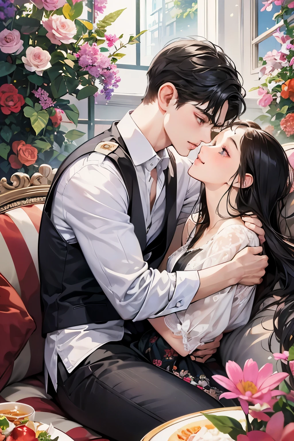 (table top, digital art, digital illustration, 4k, 8k, super detailed, beautiful images, clear image, realistic, RAW photo, perfect face, perfect lines, perfect eyes, soft lighting) ,1 female, (long black hair,straight hair,bullish look,beautiful woman,grace,Make up well,23 is a novel,:1.3),Two handsome men in suits, (human,muscular,solid shoulder width, mens,boyish hairstyle,british gentleman&#39;s style,A man in his 30s with a cool expression,28 year old man with a bright smile:1.2),Show your white teeth and smile(embarrassing,shy smile:1.1),garden full of light、squirt、resort sofa、colorful flowers、innocent smile,smile、couple kissing、kiss、the kiss、romance、dinner、drink alcohol、drunk、blushing、embarrassed