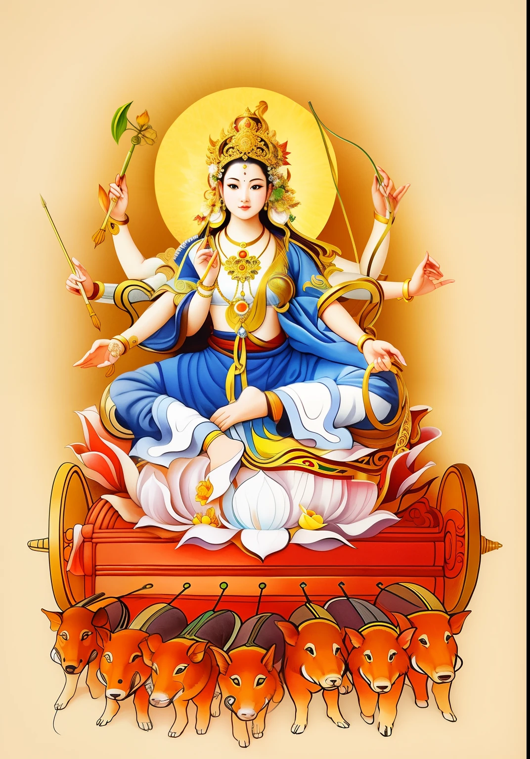 Beautiful woman sitting on a lotus in the car, Three-headed，Total, The arm has eight mudras，Barefoot with both feet，There are seven little pigs pulling the cart in front，goddess of love and peace, indian goddess of wealth, Bodhisattva of Heaven and Earth, Full color illustration, goddess art, goddess of wisdom, ancient chinese goddess，逼real，Professional photography，real，ultra high resolution，masterpiece，