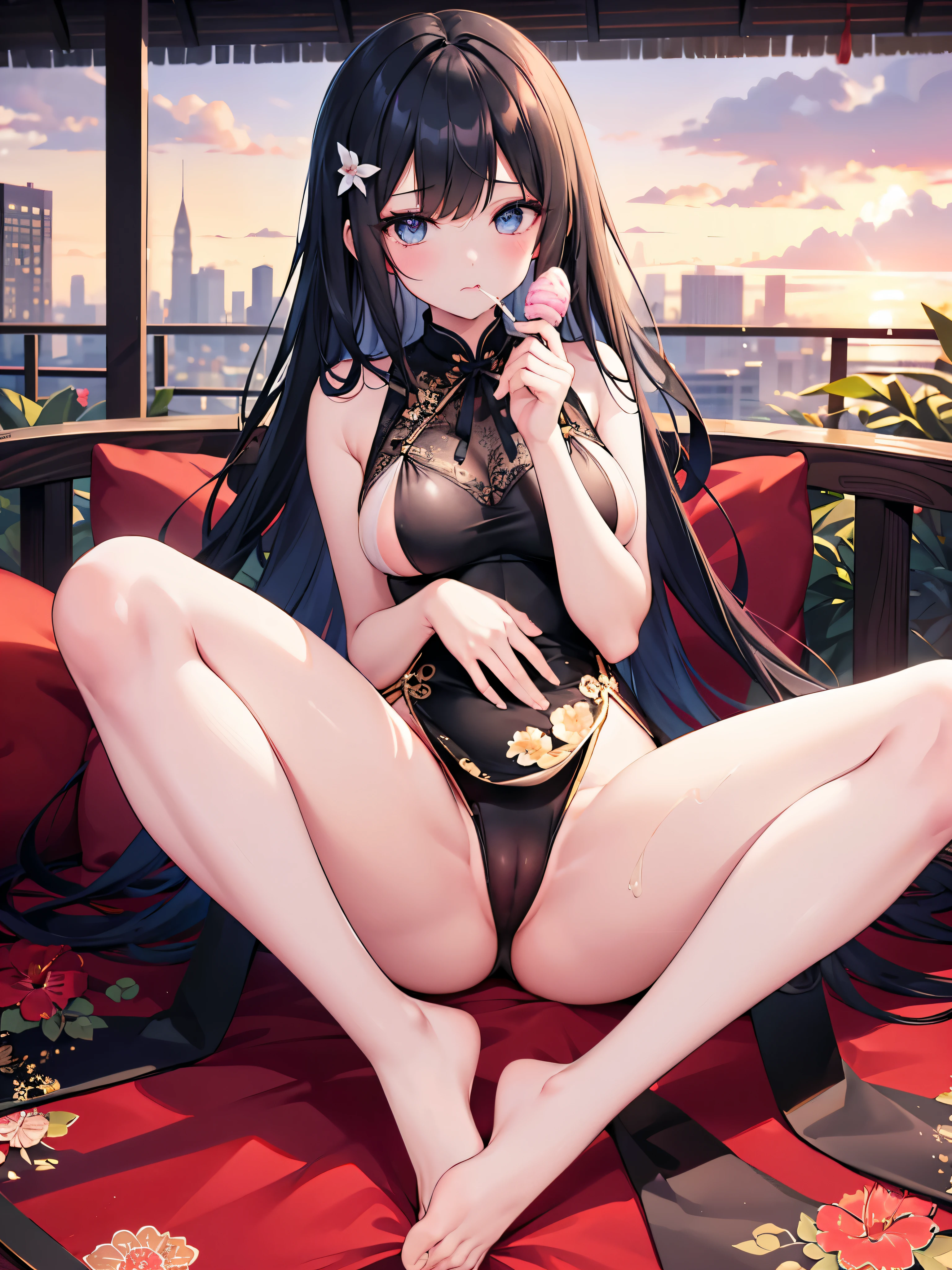 1 girl, long black hair, blue eyes, cheongsam, cheongsam, City, Ridiculous, high resolution, super sharp, 8k, masterpiece, looking at the audience, steam, white ?????????, floral lace lingerie, ?????????, ????, (miniskirt), wind lift, see through ???????, pretty face, ?????? innuendo, sitting, ??????????? , wet, hairpin, collar around neck, whole body, Licking ice cream, beautiful toes, Beautiful gestures, collar on thigh , belly button