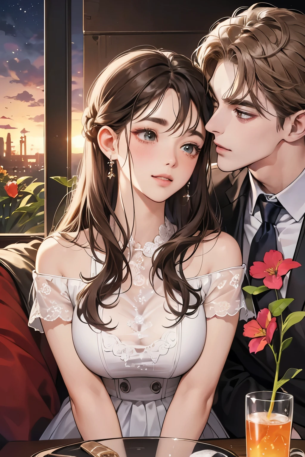 (table top, digital illustration, 4k, 8k, Super detailed, beautiful images, clear image, perfect face, perfect lines, perfect eyes, soft lighting) 1 female, (light brown hair,chignon hair,innocent look,droopy eyebrows,droopy eyes、With a round face,round chin、innocence,cute,Big eyes,natural makeup,smile gently,E cup,23 years old:1.3),Two handsome men in suits, (human,man in suit,muscular、solid shoulder width, boyish hairstyle,A man in his 30s with a cool expression,28 year old man with a bright smile:1.2),garden full of light、lots of flowers、colorful flower light,(embarrassing,shy smile:1.2),kiss、カップルkiss、romance porn、couple of man and woman hugging each other、flower shop
