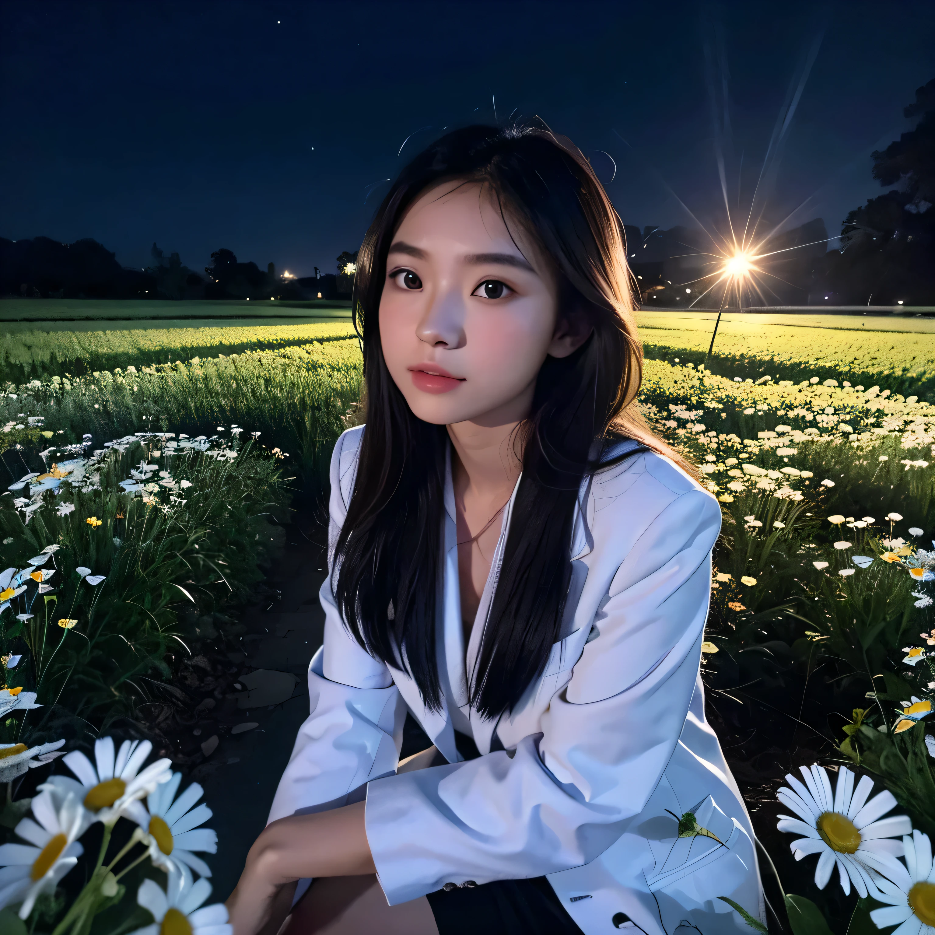 generate img
TYPE : Beauty Photography
THEME : fairy lights
RACE : Indonesian, young
PERSON 1 : Early 20s, woman
SCENE : outdoor , darkness of night , sit in between tall daisies, thousands of fireflies perch and light up the surroundings, creating an beauty atmosphere , wind blowing effect.
PROPS: casual clothing , thousands of fireflies , wearing blazer
CAMERA : photographed using an Canon eos 90d DSLR camera with 18-135mm lens , skin texture , detailed face , close up , low exposure
ANGLE : High Dynamic Range (HDR) shot