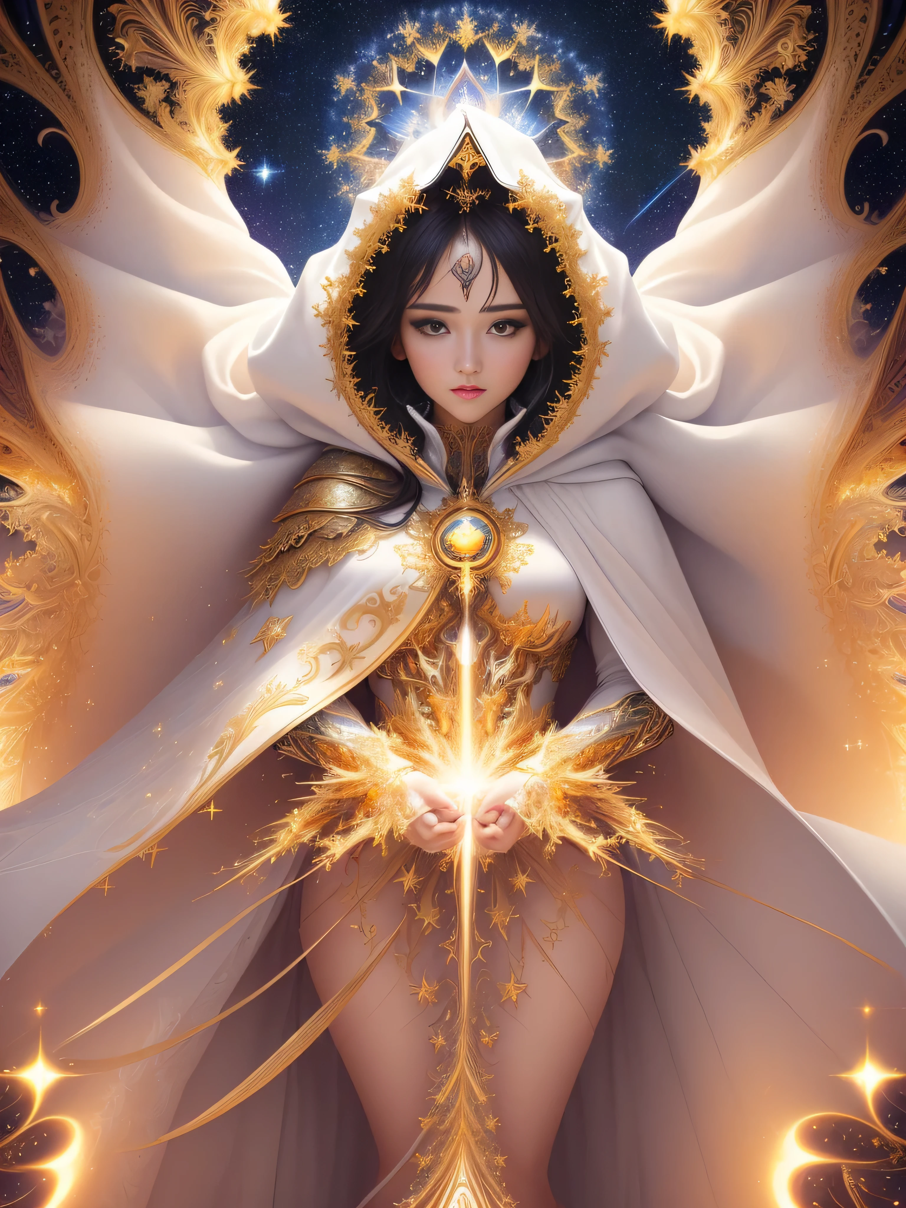 (Masterpiece, Top Quality, Best Quality, Official Art, Beauty and Aesthetics: 1.2), (1 Girl), Extreme Detail, (Fractal Art: 1.3), Colorful, Supreme Detail, Perfect Face, Upper Body, HDR, Prayer, (White Cloak Golden Lines: 1.2), Starry Sky, Shooting Star, Light Stripes, Surrealism.