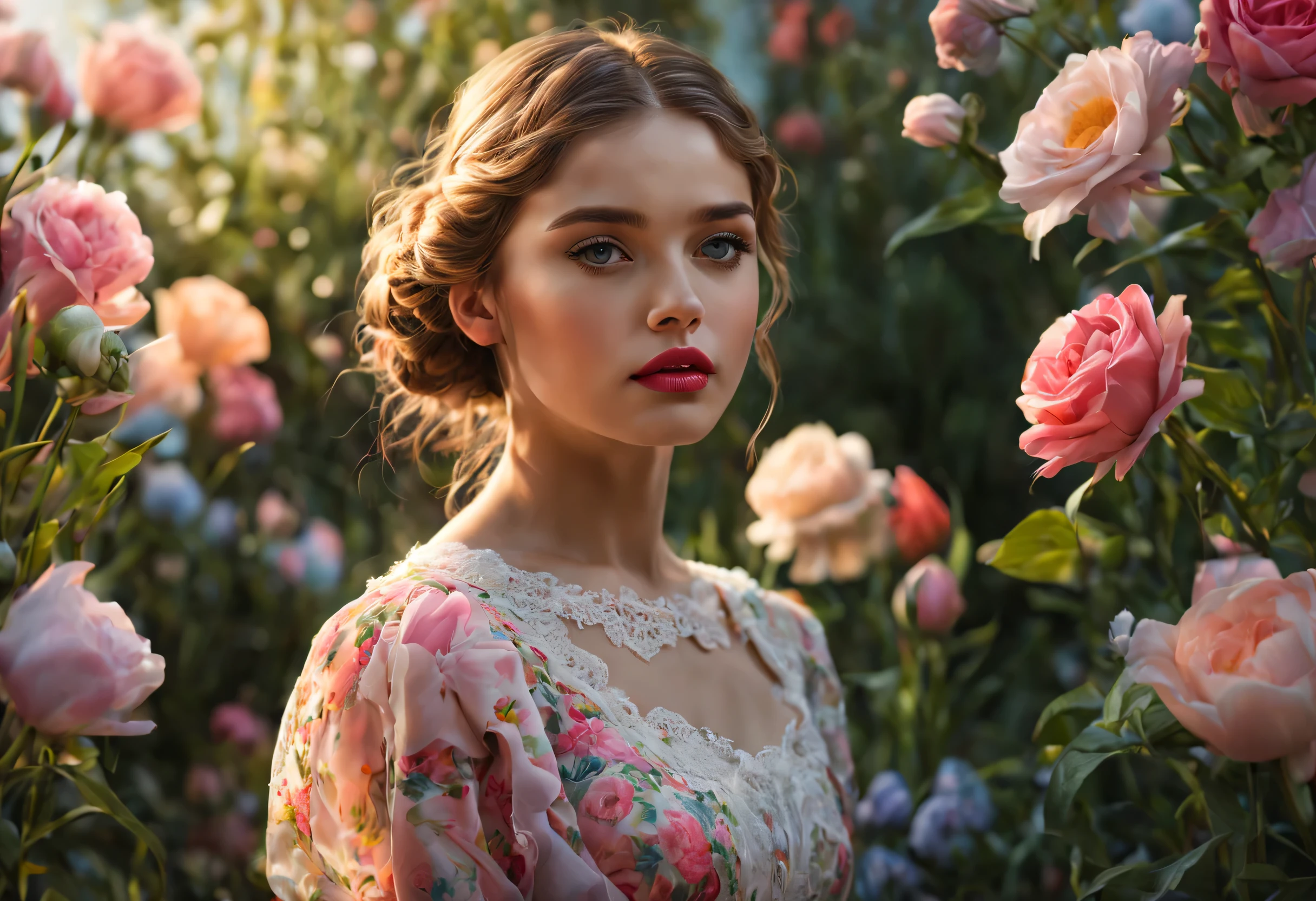 (vibrant colors, sharp focus, hyper-realism, 8k high definition:1.2), incredibly detailed (realistic:1.37) image depicting the enchanting style of "2014 Girly". The centerpiece of the artwork features the graceful presence of a single girl with mesmerizing big doe eyes, alluring glossy lips, and a softly contoured face exuding youthful innocence. Her delicate complexion is flawlessly captured, emphasizing the subtle blush on her cheeks and the radiant glow of her skin.
The girl is adorned in a fashion-forward ensemble that epitomizes the fashionable trends of the 2014 Girly era. She wears a flowing pastel-colored dress with intricate lace details, accentuated by whimsical floral patterns. The dress elegantly drapes down to reveal a pair of meticulously rendered legs, complemented by stylish high heels.
Surrounding the girl is a blooming garden filled with an abundance of vibrant flowers, showcasing a riot of colors that perfectly harmonize with the girl's outfit. Roses, tulips, and daisies are meticulously depicted, each petal lovingly rendered with exquisite attention to detail.
The garden is bathed in beautiful natural light, casting gentle shadows that enhance the depth and realism of the scene. The sunlight delicately dances on the girl's radiant hair, which cascades down in luscious waves, adding a touch of ethereal beauty to the composition.
The hyper-realistic details of this 8k high definition artwork make every element come alive with astonishing clarity. From the smallest dewdrops on the petals to the individual strands of hair, the level of intricacy is unparalleled.
The overall color palette leans towards vibrant pastel hues, with a focus on soft pinks, lavenders, and mint greens, evoking a sense of youthful energy and femininity. This is further intensified by the sharp focus, capturing the crispness of every edge and enhancing the visual impact of the image.
In summary, this prompt creates a vivid, hyper-realistic masterpiece in the style of "2014 Girly". The exquisite attention to detail, vibrant colors, sharp focus, and ultra-high-definition resolution showcases the absolute essence of the chosen style, transporting the viewer to a whimsical garden where beauty and femininity intertwine.
