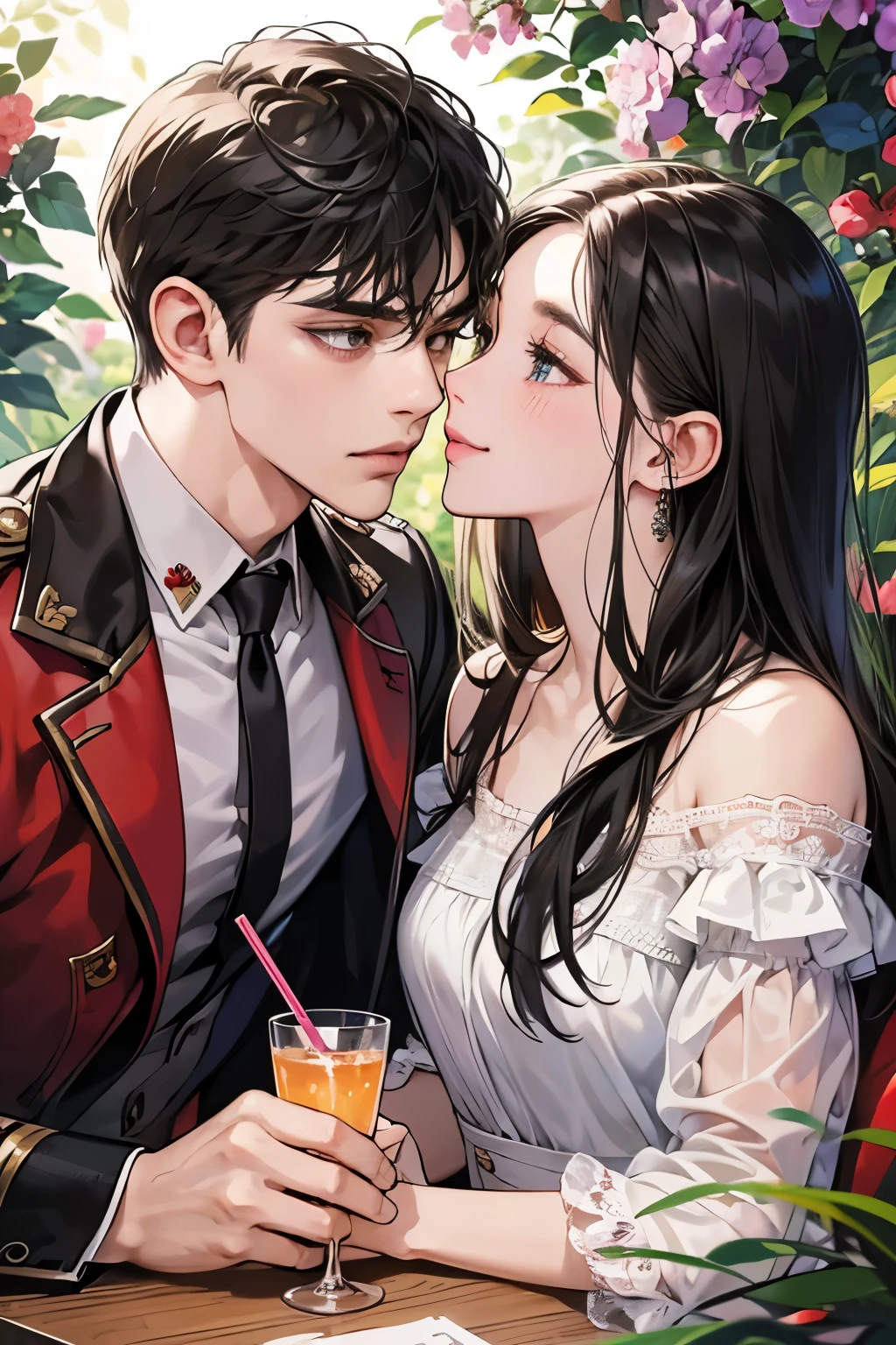 (table top, digital art, digital illustration, 4k, 8k, super detailed, beautiful images, clear image, realistic, RAW photo, perfect face, perfect lines, perfect eyes, soft lighting) ,1 female, (long black hair,straight hair,bullish look,beautiful woman,grace,Make up well,23 is a novel,:1.3),Two handsome men in suits, (human,muscular,solid shoulder width, mens,boyish hairstyle,british gentleman's style,A man in his 30s with a cool expression,28 year old man with a bright smile:1.2),Show your white teeth and smile(embarrassing,shy smile:1.1),garden full of light、squirt、resort sofa、colorful flowers、innocent smile,smile、couple kissing、kiss、the kiss、romance、dinner、drink alcohol、drunk、blushing、embarrassed