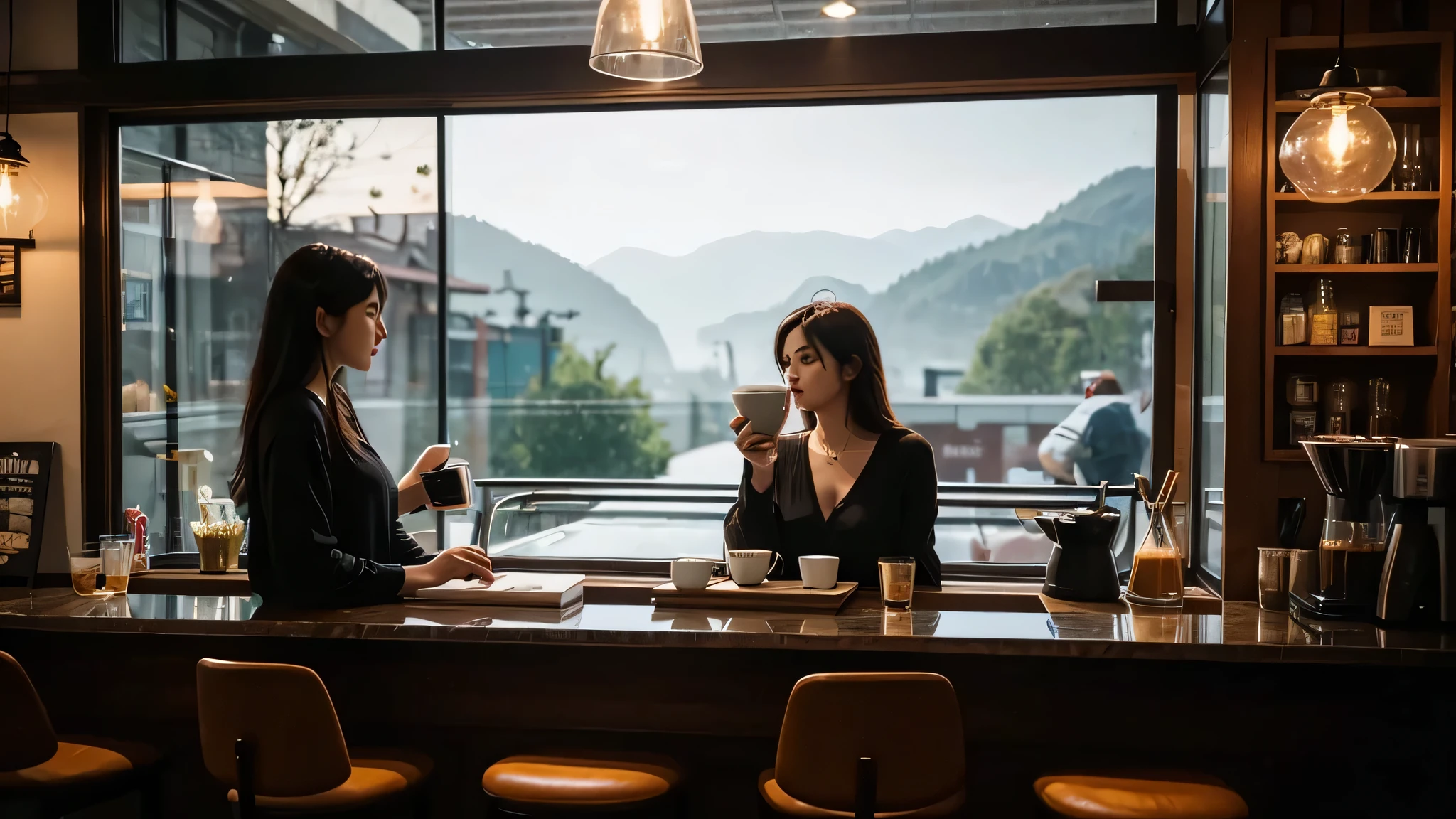 woman pouring coffee,Evening Cafe,counter,vapor,coffee shop,retro,genuine,genuineistic,warm atmosphere,relax,jazz,scenery through the window glass,The word relax is written on the glass,customer drinking coffee
