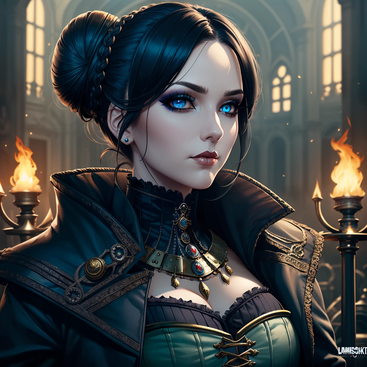(portrait, grimdark fantasy, warhammer universe) Woman, pale, black hair, (bun hairstyle), aristocrat, dark clothes, corset, proud, (insidious face expression:0.7), dark clothes, corset, heavy make-up, light blue eyes, gas masck, Steampunk