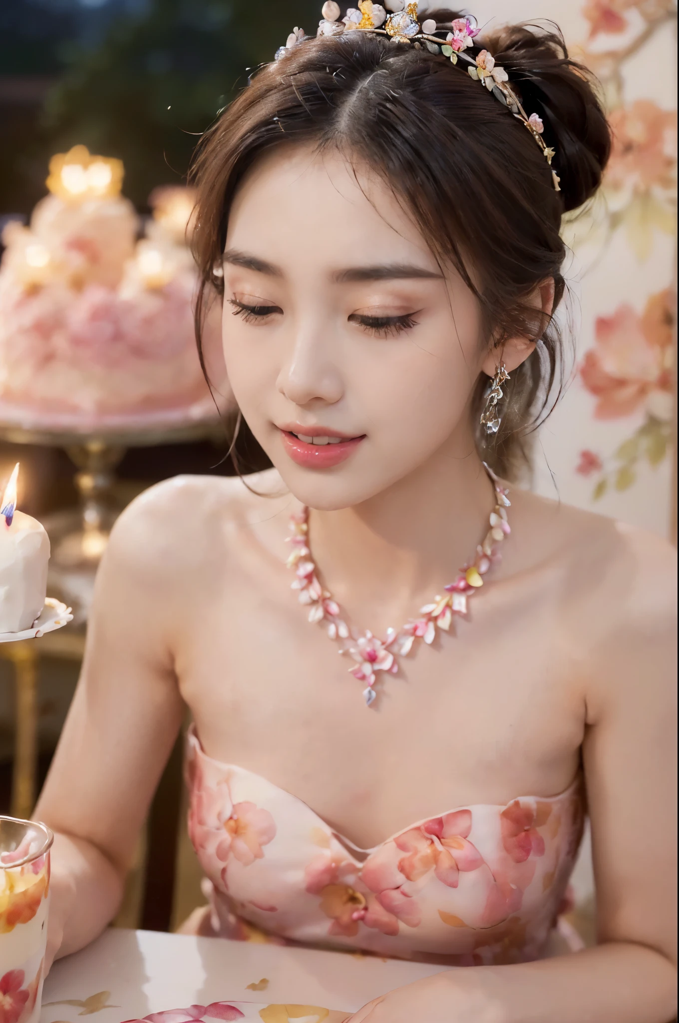((((8k))),((Extremely meticulous CG)) ,(wallpaper),16k,((Extremely refined and beautiful)),(((Masterpiece))),(((best qualtiy))),(((Ultra High Resolution))),beautiful light up,Perfect lightning,realistic shaded,((high resolution)),(Smooth and flawless fair skin:1.5),(pale skin:1.3),(Extremely exquisite facial details:1.2),(perfect body:1.1),(ultra-detailed),A beautiful girl,solo,(small head:1.2),(princess crown:1.2),(short ponytail:1.2),(earrings:1.2),(small face:1.2),(Exquisite makeup:1.2),(close eyes:1.5),(open mouth:1.5),(blush:1.3),(female orgasmic:1.3),(ahegao:1.3),(small breasts:1.2),(flat chests:1.2),((slim,thin)),happy,(laughing:1.2),(crystal necklace:1.2),(gorgeous strapless floral dress:1.3),(night scene:1.5),(In a luxurious restaurant:1.3),(candlelight dinner:1.2),(detailed background:1.5),(Sitting on a chair next to the dining table:1.3),(arms behind back:1.3),(a cup of coffee),(a large fruits birthday cake on the table:1.3),(close-up of face:1.5),(from front:1.3),The scent of spring,Full of various cakes and pastries,sweet and warm atmosphere,(floral watercolor painting:1.3),(Super high saturation,bright and vivid colors:1.3),