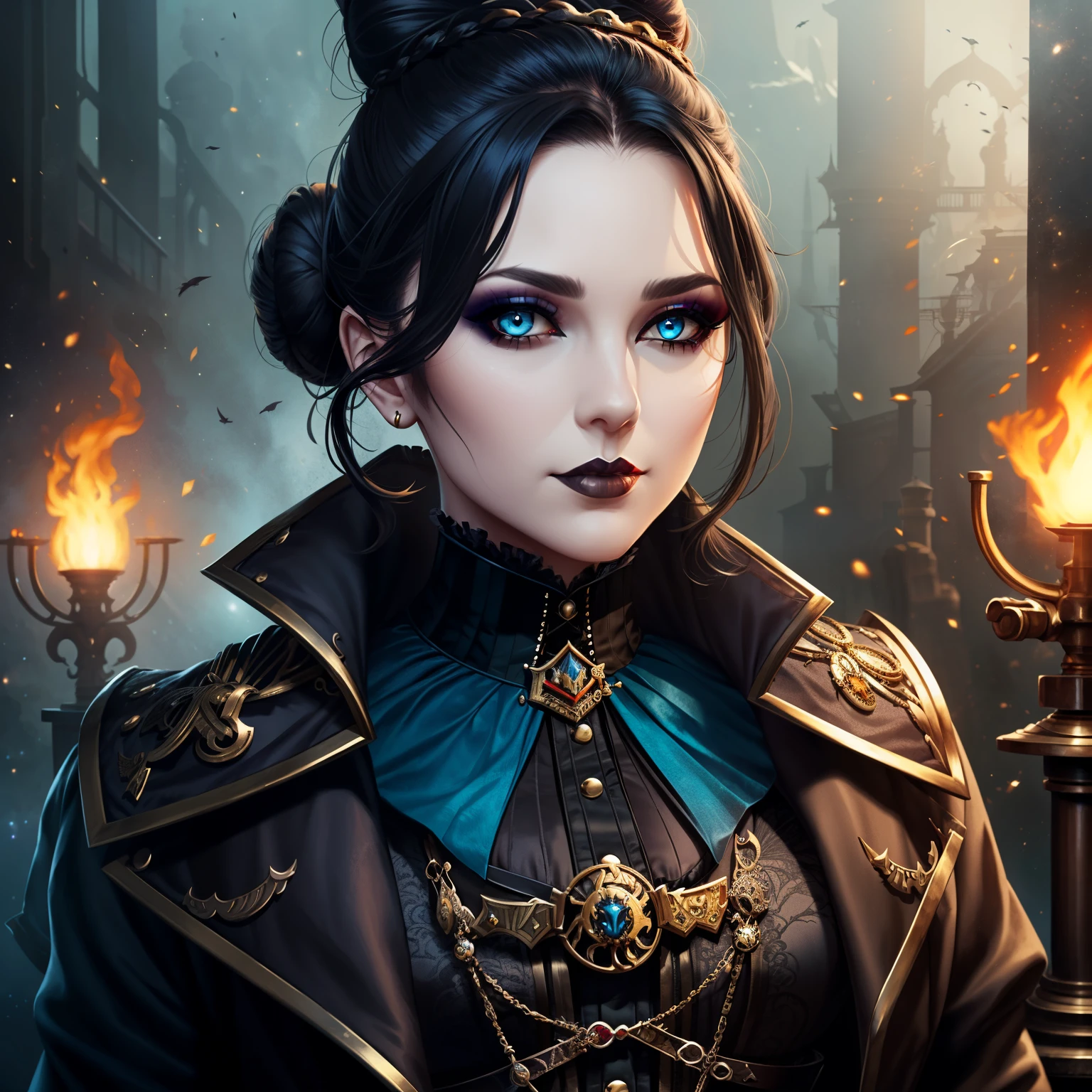 (portrait, grimdark fantasy, warhammer universe) Woman, pale, black hair, (bun hairstyle), aristocrat, dark clothes, corset, proud, (insidious face expression:0.7), dark clothes, corset, heavy make-up, light blue eyes, gas masck, Steampunk