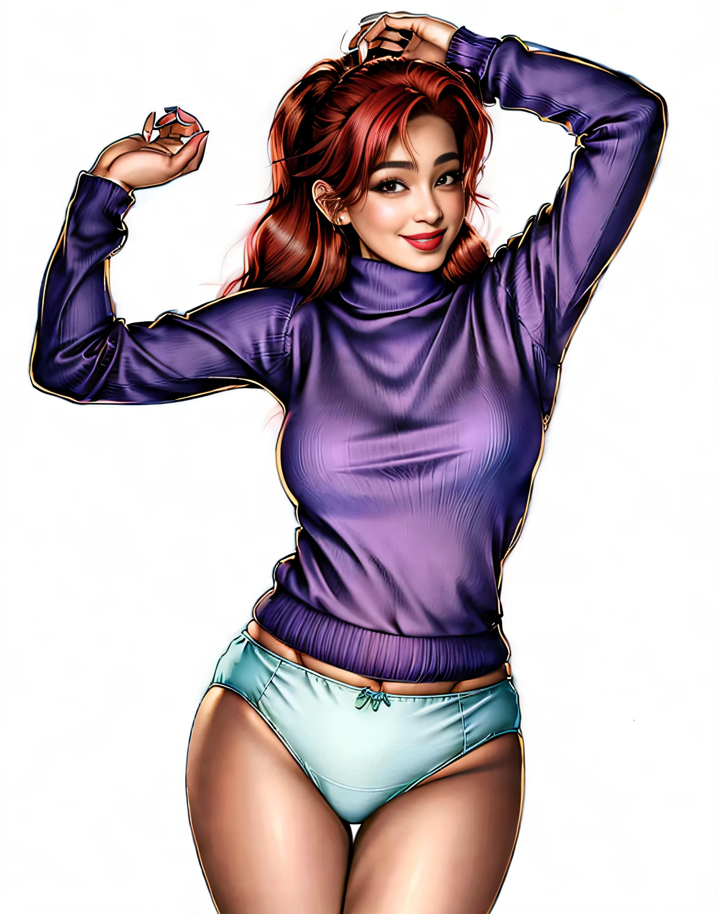 ((masterpiece, best quality)), ((27 year old)), (((Curvy))), (((Latina with long red hair))), in purple sweater, ((teal cotton panties)), (((Large Hips))), smiling, (((realistic art style)))