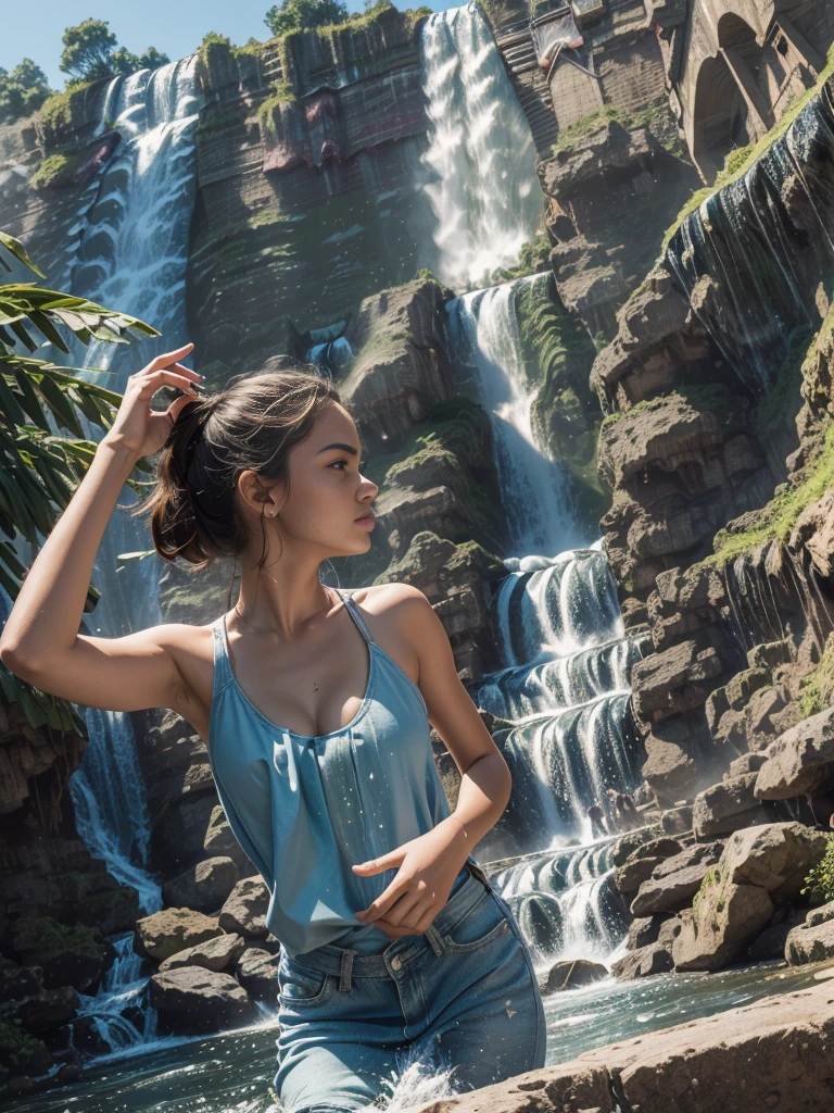 1girl,beautiful girl,Wearing colorful denim sportswear,((big waterFall:1.8)),(big waterFall under the sunset)、((A girl looking up at the waterfall from directly below it)),ethereal beauty,(anatomically correct,perfect body proportions,The character ratio is only 1 of the image/8),lake surface,big woods,realism,ultra high definition,retina,masterpiece,best quality,Very detailed