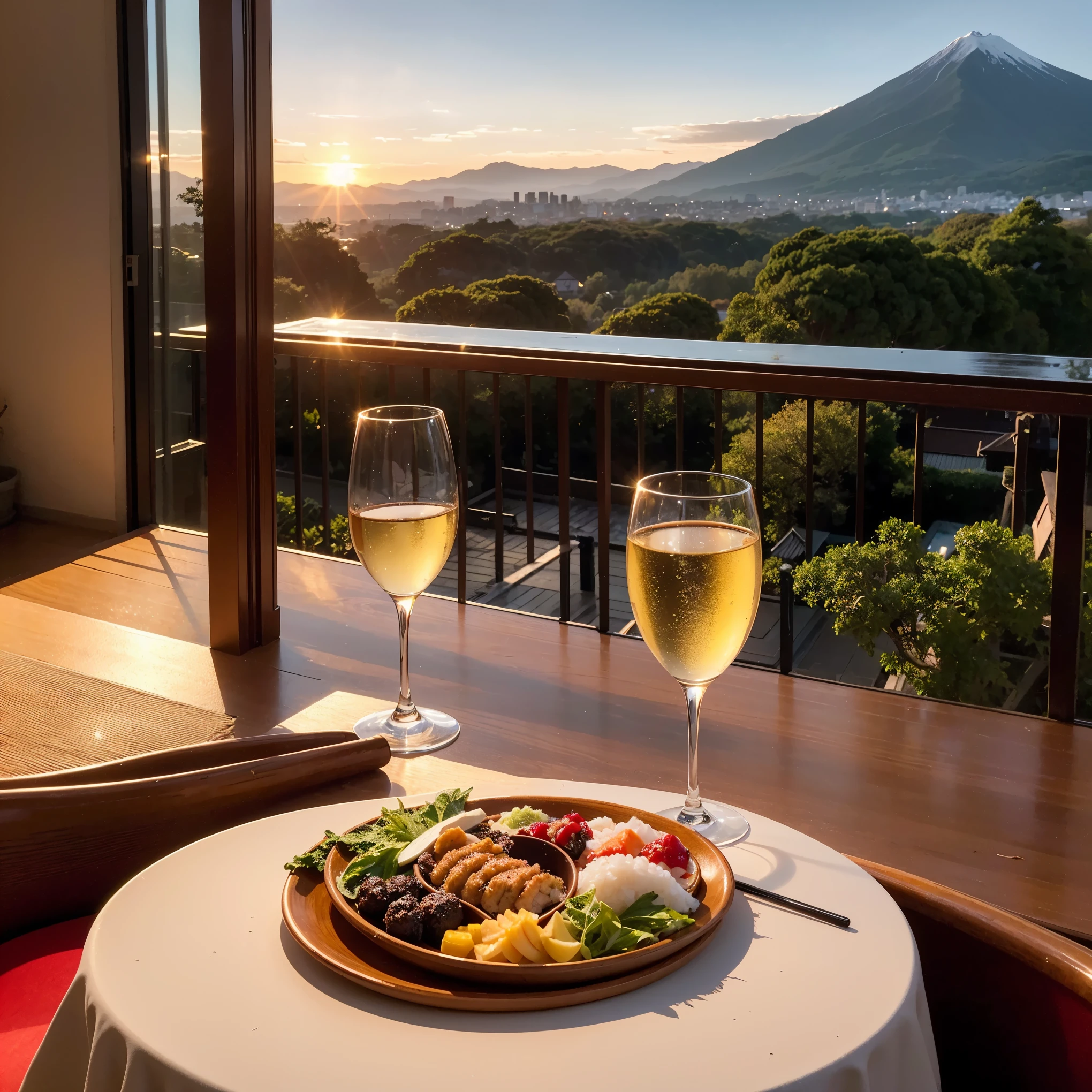 (including 64k, nffsw, highest quality, table top: 1.2), (realistic, realistic: 1.37), Spectacular view of the sunset sky and clouds、Amazing mountain views、Japanese food、White wine、Japanese sake、Sake Glass、wine glass、、sparkling wine、1 image