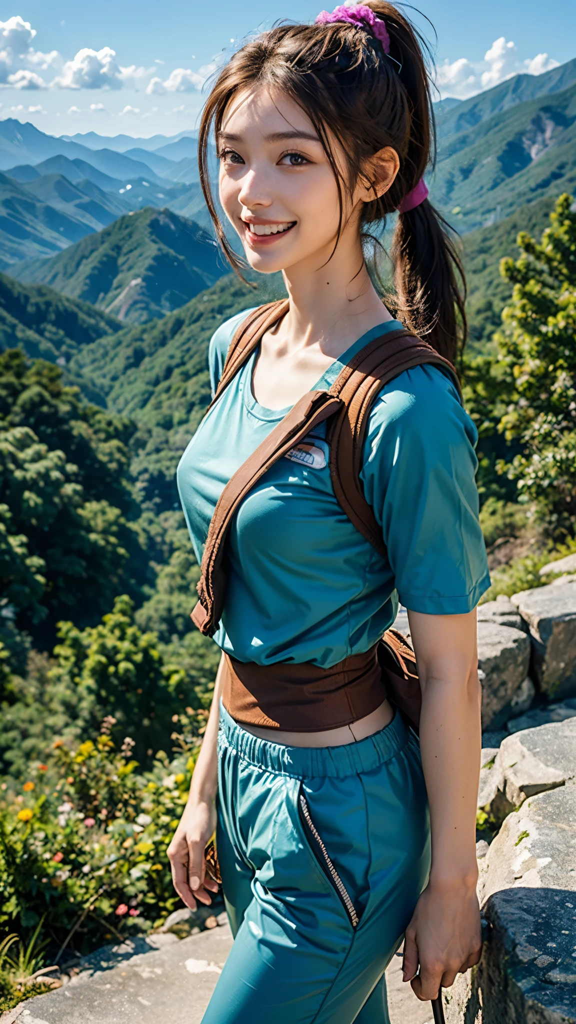 highest quality, masterpiece, ultra high resolution,cable car station, Mt. Takao summit,Spectacular view point,1 girl,20-year-old,(realistic:1.4),((smile showing teeth)),(look up at the audience),Summer Mountain,mountain climbing cap,strong sunlight,Short-sleeved T-shirt and mountaineering parachute pants,((Large North Face backpack)), ((Bring trekking poleountain trail photos,thin waist,thin legs,Thin and beautiful arms,beautiful fingers,Because I'm slender,Medium chest,soft chest,((ponytail and scrunchie brown hair)),realistic,picture media chest)),