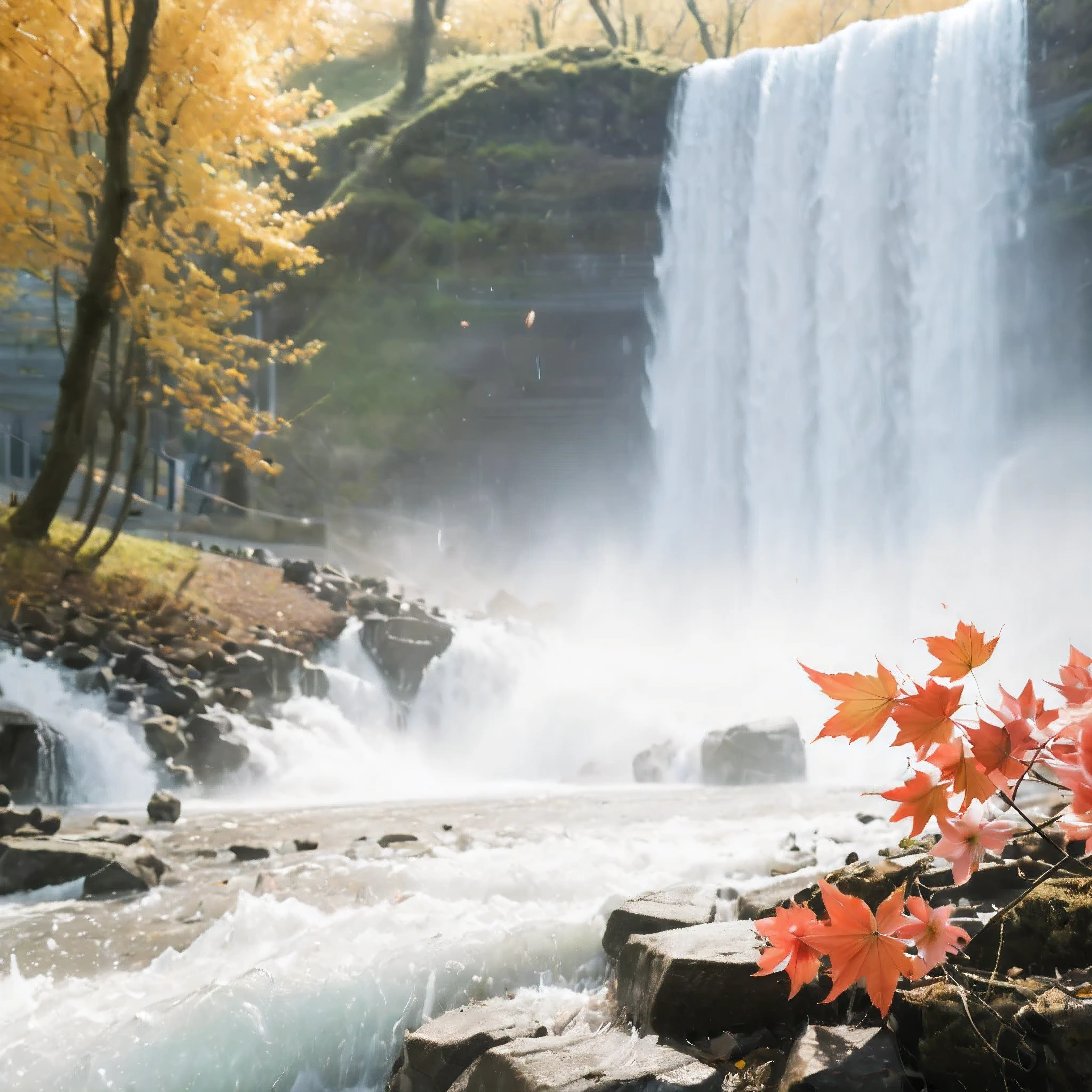 ((Masterpiece in maximum 16K resolution):1.6),((soft_color_photograpy:)1.5), ((Ultra-Detailed):1.4),((Movie-like still images and dynamic angles):1.3), ((Low angle shot):1.3) | (Macro shot cinematic photo of a water splash at base of waterfall), (macro lens), (crystal clear water), (water mist), (maple trees), (sakura flowers), (shimmer), (visual experience), (Realism), (Realistic), award-winning graphics, dark shot, film grain, extremely detailed, Digital Art, rtx, Unreal Engine, scene concept anti glare effect, All captured with sharp focus.