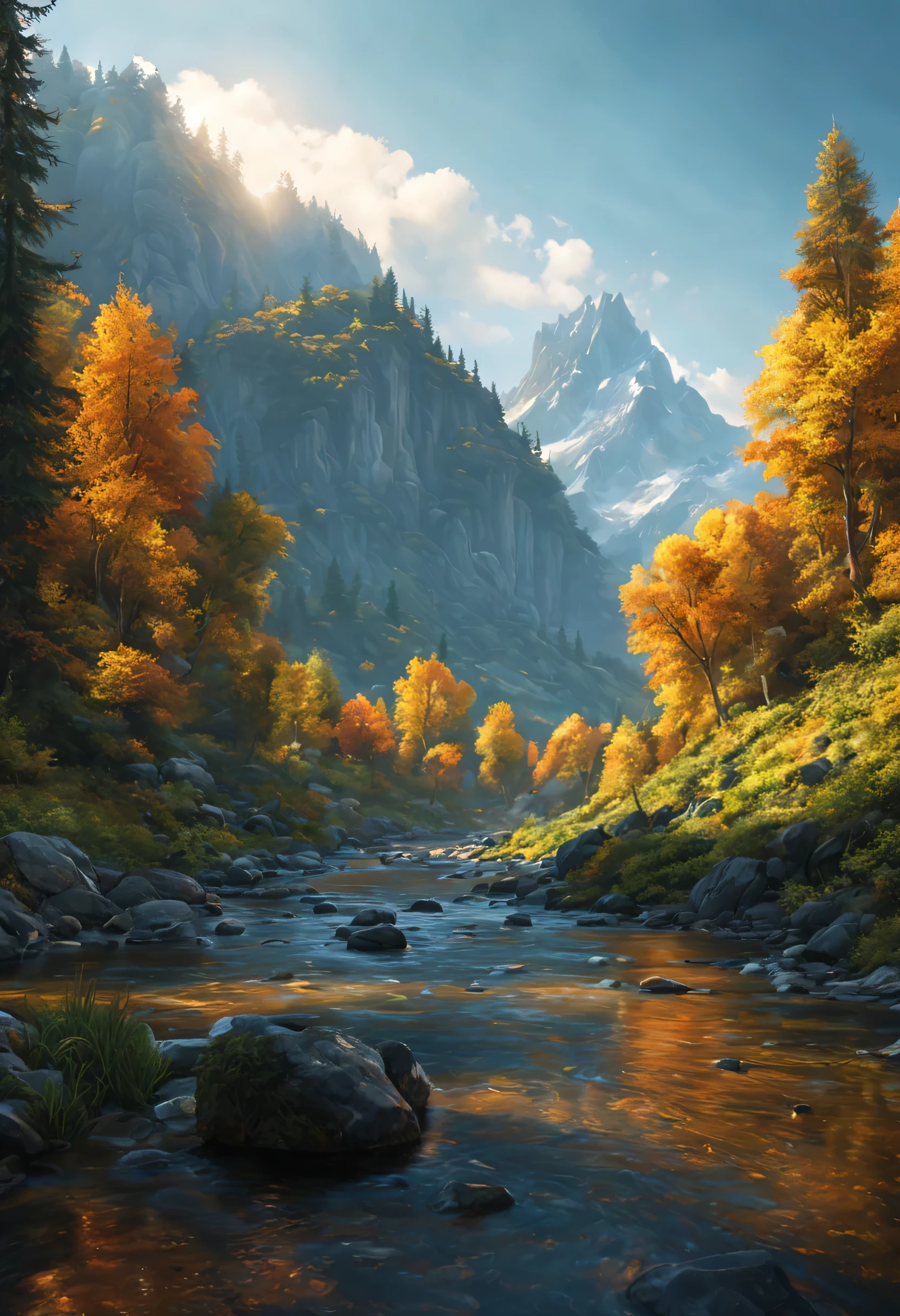 (best quality,8k,highres:1.2),(hyperrealism:1.1),vibrant colors,sharp focus,insanely detailed,(2k1:1.1) style landscape scene,ultra-detailed rendering,impressively lifelike,rich and dynamic colors,epic beauty,meticulous composition of elements,lush greenery,breathtaking mountain range,stunningly realistic textures,crystal-clear river flowing through the scene,sunlit sky casting warm golden light,impressive level of intricate details,perfectly captured reflections,flawlessly executed lighting and shadows,immersive sense of depth and dimensionality,extraordinary level of realism creating a mesmerizing visual experience.