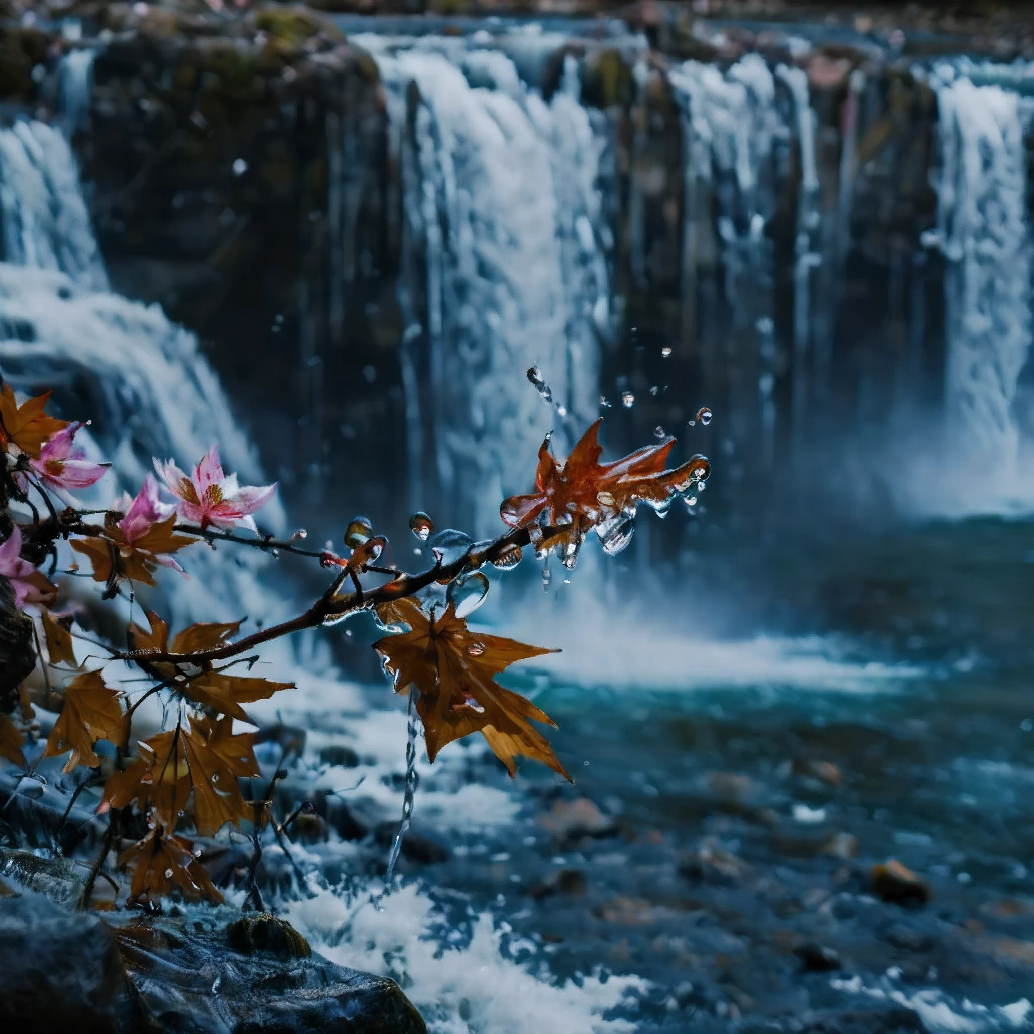 ((Masterpiece in maximum 16K resolution):1.6),((soft_color_photograpy:)1.5), ((Ultra-Detailed):1.4),((Movie-like still images and dynamic angles):1.3), ((Low angle shot):1.3) | (Macro shot cinematic photo of a water splash at base of waterfall), (macro lens), (crystal clear water), (water mist), (maple trees), (sakura flowers), (shimmer), (visual experience), (Realism), (Realistic), award-winning graphics, dark shot, film grain, extremely detailed, Digital Art, rtx, Unreal Engine, scene concept anti glare effect, All captured with sharp focus.