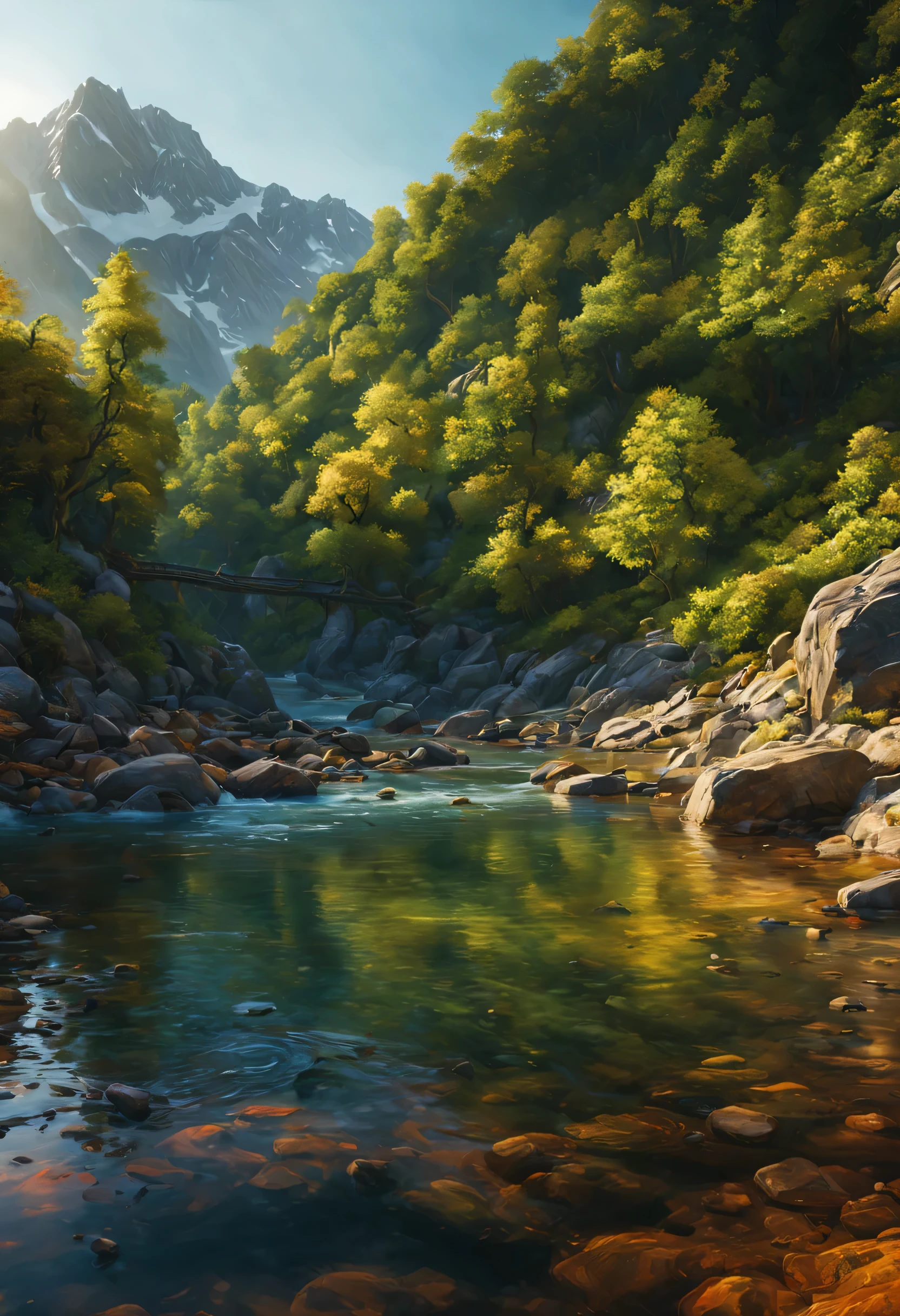 (best quality,8k,highres:1.2),(hyperrealism:1.1),vibrant colors,sharp focus,insanely detailed,(2k1:1.1) style landscape scene,ultra-detailed rendering,impressively lifelike,rich and dynamic colors,epic beauty,meticulous composition of elements,lush greenery,breathtaking mountain range,stunningly realistic textures,crystal-clear river flowing through the scene,sunlit sky casting warm golden light,impressive level of intricate details,perfectly captured reflections,flawlessly executed lighting and shadows,immersive sense of depth and dimensionality,extraordinary level of realism creating a mesmerizing visual experience.