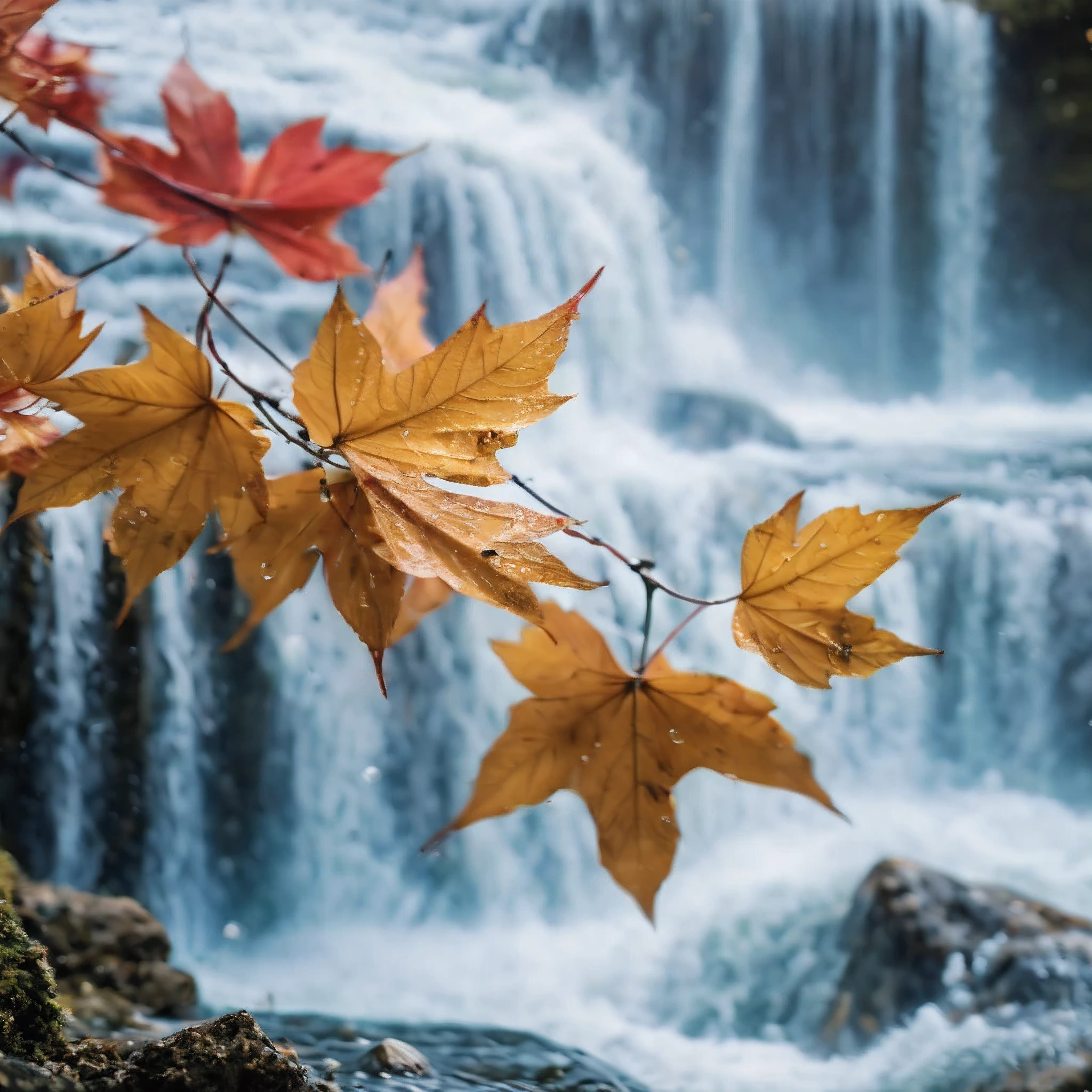 ((Masterpiece in maximum 16K resolution):1.6),((soft_color_photograpy:)1.5), ((Ultra-Detailed):1.4),((Movie-like still images and dynamic angles):1.3), ((Low angle shot):1.3) | (Macro shot cinematic photo of a water splash at base of waterfall), (macro lens), (crystal clear water), (water mist), (maple trees), (sakura flowers), (shimmer), (visual experience), (Realism), (Realistic), award-winning graphics, dark shot, film grain, extremely detailed, Digital Art, rtx, Unreal Engine, scene concept anti glare effect, All captured with sharp focus.