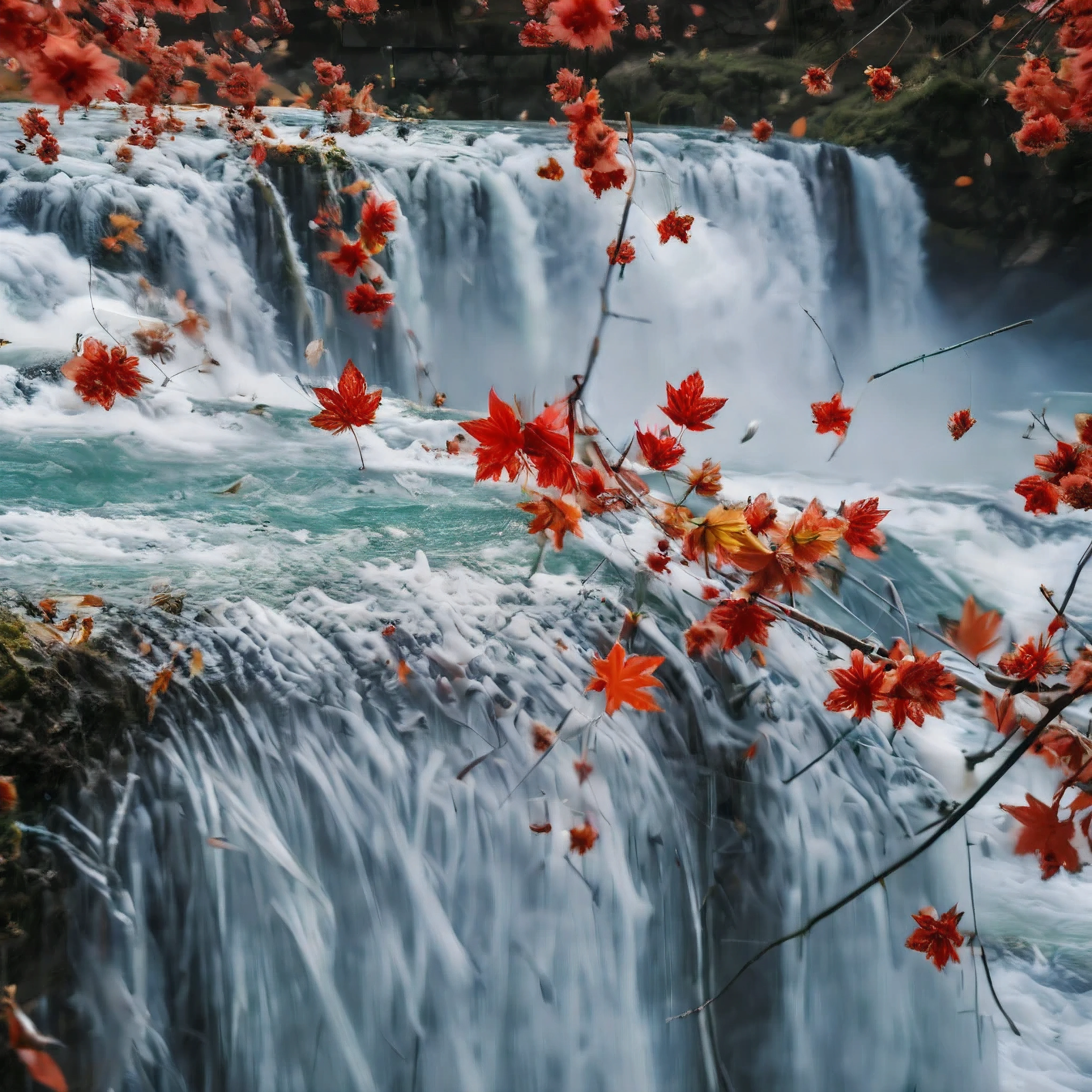 ((Masterpiece in maximum 16K resolution):1.6),((soft_color_photograpy:)1.5), ((Ultra-Detailed):1.4),((Movie-like still images and dynamic angles):1.3), ((Low angle shot):1.3) | (Macro shot cinematic photo of a water splash at base of waterfall), (macro lens), (crystal clear water), (water mist), (maple trees), (sakura flowers), (shimmer), (visual experience), (Realism), (Realistic), award-winning graphics, dark shot, film grain, extremely detailed, Digital Art, rtx, Unreal Engine, scene concept anti glare effect, All captured with sharp focus.