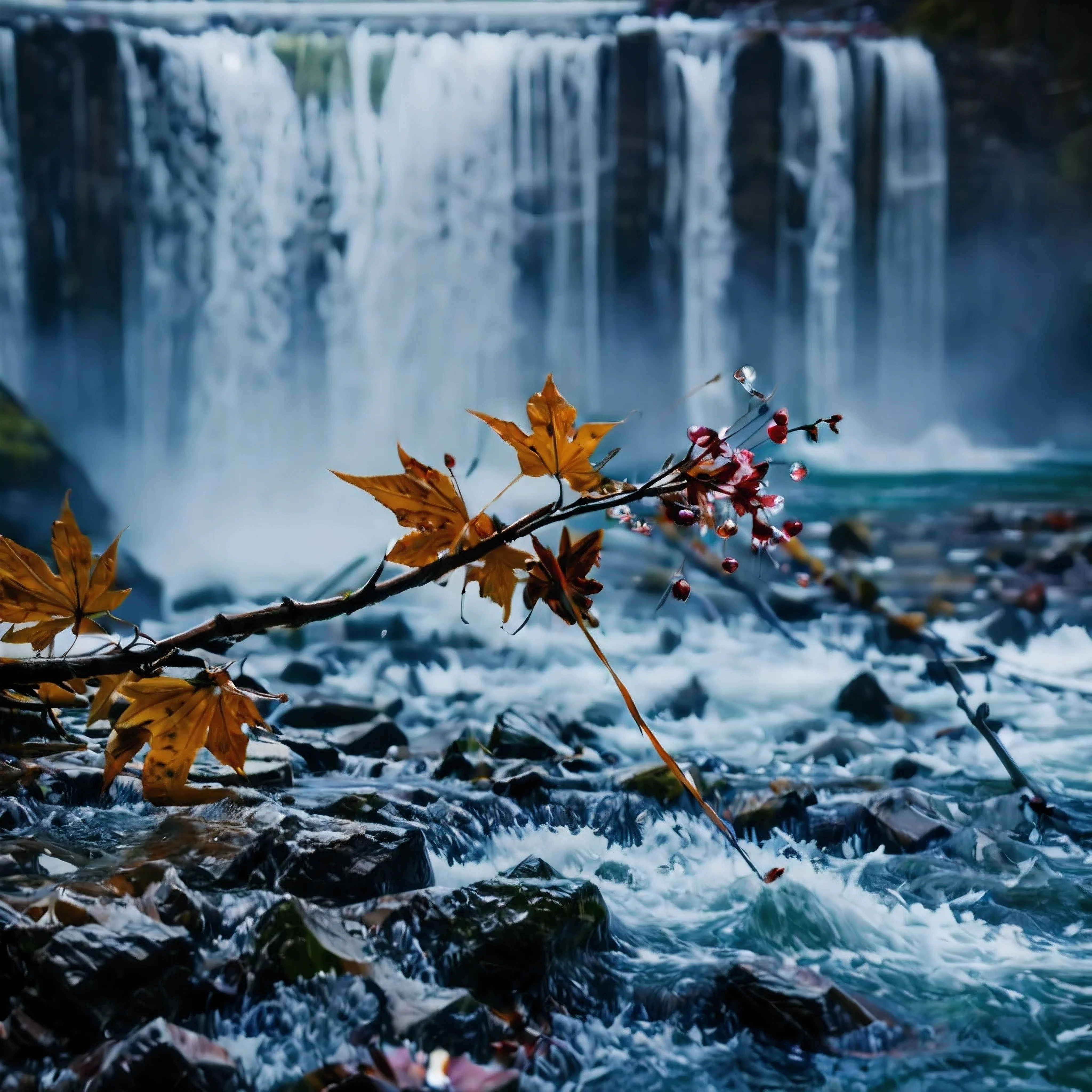 ((Masterpiece in maximum 16K resolution):1.6),((soft_color_photograpy:)1.5), ((Ultra-Detailed):1.4),((Movie-like still images and dynamic angles):1.3), ((Low angle shot):1.3) | (Macro shot cinematic photo of a water splash at base of waterfall), (macro lens), (crystal clear water), (water mist), (maple trees), (sakura flowers), (shimmer), (visual experience), (Realism), (Realistic), award-winning graphics, dark shot, film grain, extremely detailed, Digital Art, rtx, Unreal Engine, scene concept anti glare effect, All captured with sharp focus.