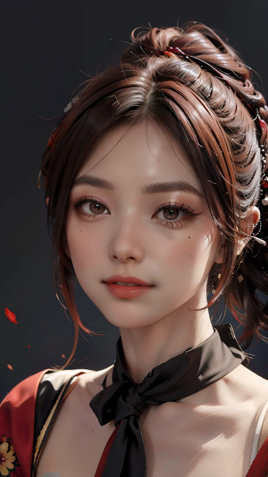 (Surreal), (illustration), (Increase resolution), (8k), (Very detailed), (Best illustration), (Beautiful and delicate eyes), (best quality), (Super detailed), (masterpiece ), ( wallpaper), (Detailed face), alone, 1 girl, looking at the audience, fine details, Detailed face, in the darkness, Deep shadows, low profile, purebred face_v1, smiling, Reddish-brown hair,ponytail,red headdress,red eyes,Blurred background,Clean and simple background