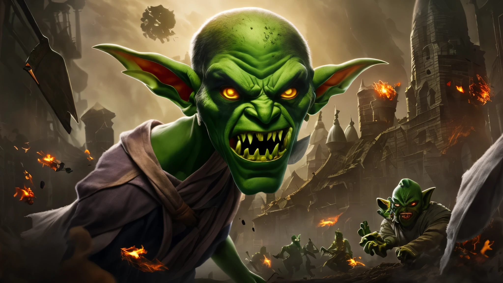 (master piece), 8k, best quality, panoramic view, Goblins, green, black and malicious eyes, evil, huge pointed ears, sharp teeth, bald, thin, 1 meter, 1.20 cm tall, dirty torn cloth clothing, throwing bomb of spell