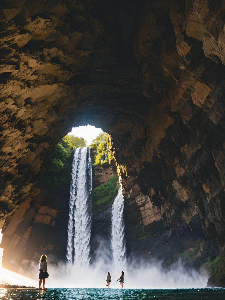 1girl,beautiful girl,((big waterFall)),(big waterFall under the sunset)、((A girl looking up at the waterfall from directly below it)),ethereal beauty,anatomically correct,perfect body proportions,The character ratio is only 1 of the image/8,lake surface,big woods,ultra high definition,retina,masterpiece,best quality,Very detailed