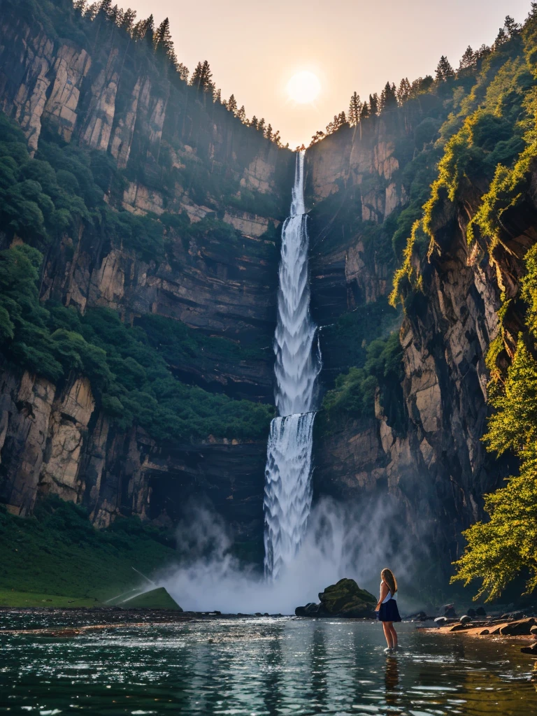 1girl,beautiful girl,((big waterFall)),(big waterFall under the sunset)、((A girl looking up at the waterfall from directly below it)),ethereal beauty,anatomically correct,perfect body proportions,The character ratio is only 1 of the image/8,lake surface,big woods,ultra high definition,retina,masterpiece,best quality,Very detailed