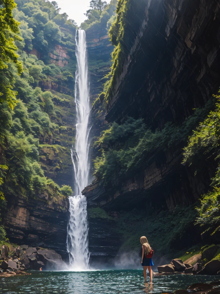 1girl，beautiful girl，((big waterFall))，(big waterFall under the sunset)、((A girl looking up at the waterfall from directly below it))，ethereal beauty，anatomically correct，perfect body proportions，The character ratio is only 1 of the image/8，lake surface，big woods，ultra high definition，retina，masterpiece，best quality，Very detailed