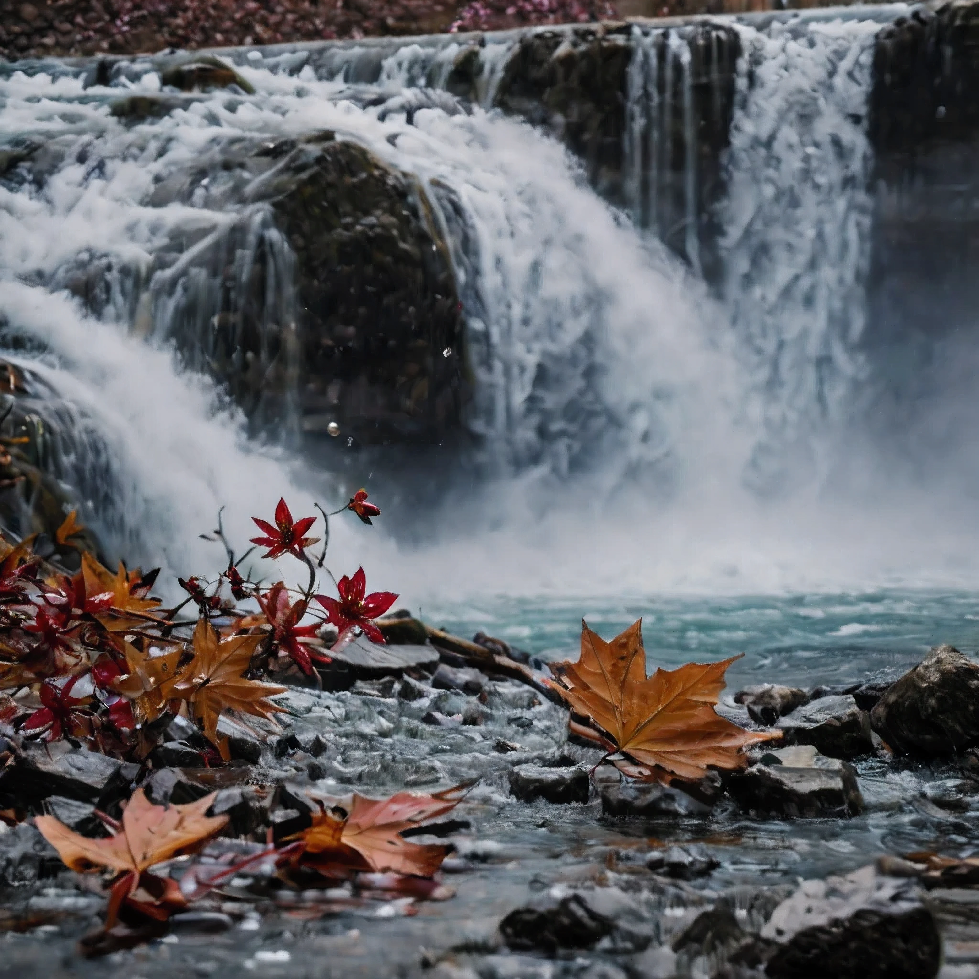 ((Masterpiece in maximum 16K resolution):1.6),((soft_color_photograpy:)1.5), ((Ultra-Detailed):1.4),((Movie-like still images and dynamic angles):1.3), ((Low angle shot):1.3) | (Macro shot cinematic photo of a water splash at base of waterfall), (macro lens), (crystal clear water), (water mist), (maple trees), (sakura flowers), (shimmer), (visual experience), (Realism), (Realistic), award-winning graphics, dark shot, film grain, extremely detailed, Digital Art, rtx, Unreal Engine, scene concept anti glare effect, All captured with sharp focus.