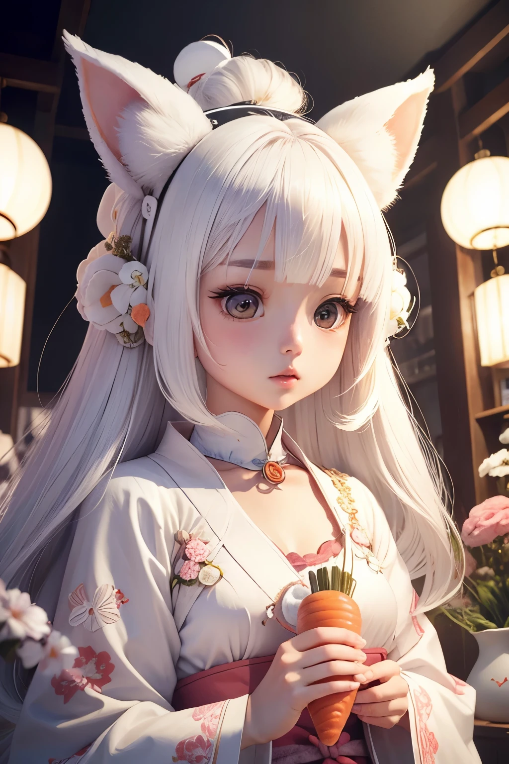 Kizi,a beauty girl,stare,Red eyes,Beautiful detailed eyes,Long hair,White hair,Silver_Hair,Wing-like bangs,Dull hair，Issuing，ahoge,Hair rings,Braid, Cold,Professional full body photo of asian woman((Wearing a bunny costume)) , (PureErosFace_V1),(in an amusement park), ((Slim)), Masterpiece, Best quality, Highly detailed, gigapixel,author：hasselblatt,Vivid colors,voluminetric lighting.photo-realistic hair, lustrous Some hair.((Perfect face)),((Sexy face)), Realistic skin texture,With rabbit ear headband,Socks, looking at the camera in, [perfect teeth],gigapixel,author：hasselblatt,(Chinese New Year),to8contrast style