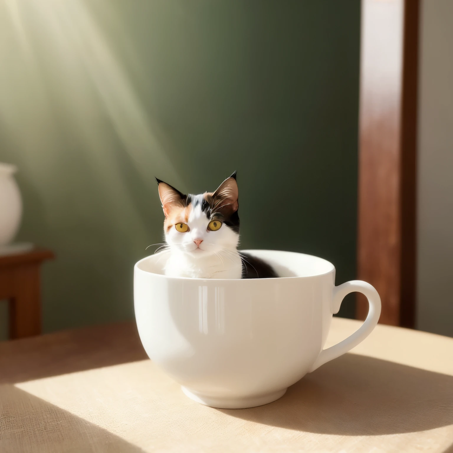 cats、A calico cat、(((small)))、In a teacup、showing one's face、sticking out its front legs、8K、professional photos、Delicate、Vivid、on the table、inside the house、sunlight、light leak、masterpiece、(((Adorable)))、Stylish teacups、(reality)、stuffed toy、round pupil