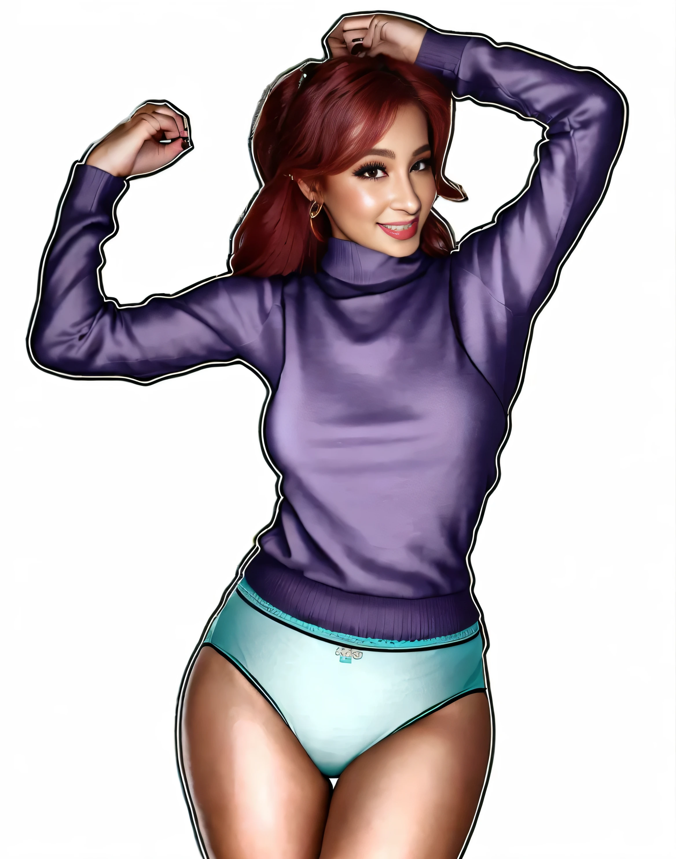 ((masterpiece, best quality)), ((27 year old)), (((Curvy))), (((Latina with long red hair))), in purple sweater, ((teal cotton panties)), (((Large Hips))), smiling, (((photo realistic)))