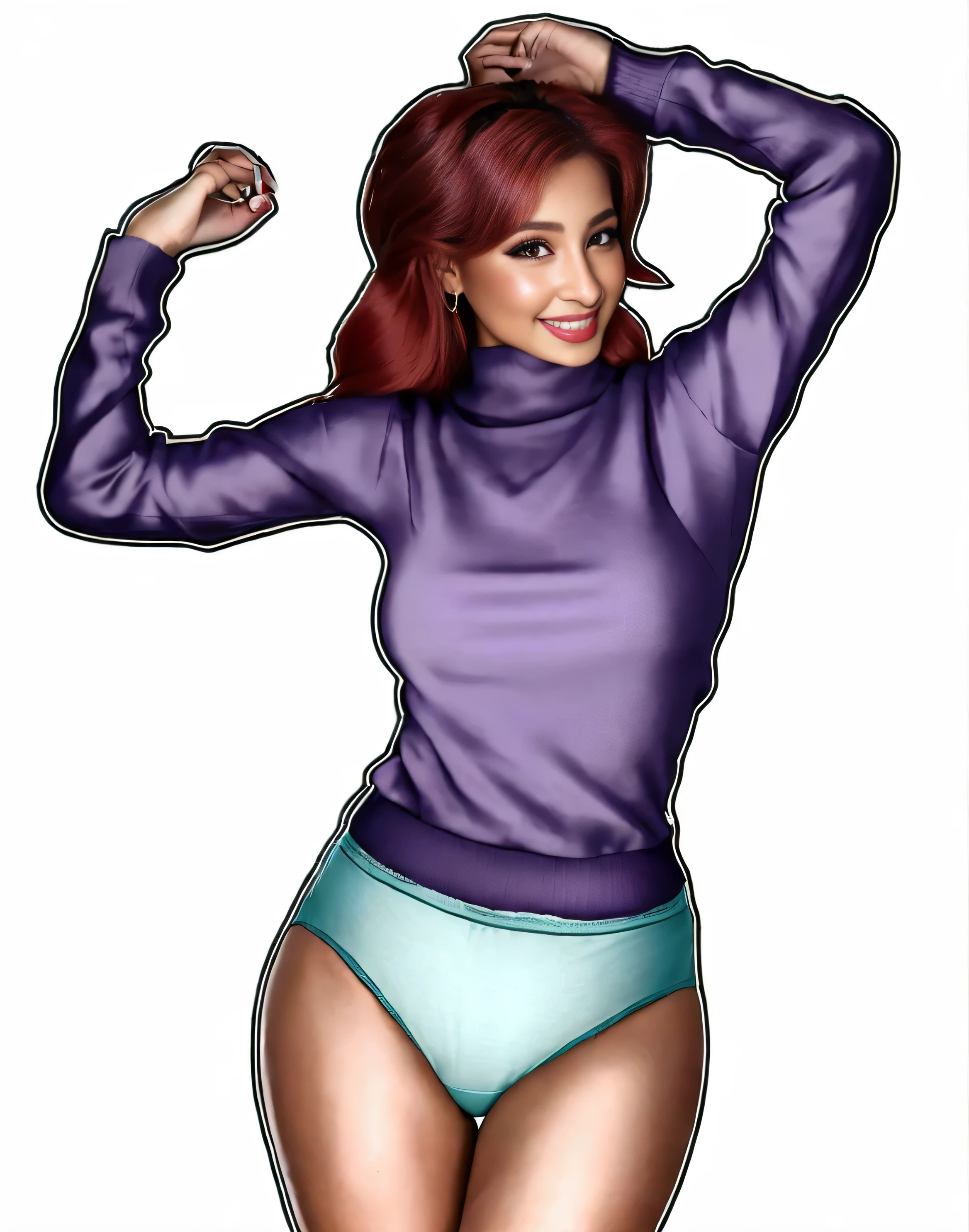 ((masterpiece, best quality)), ((27 year old)), (((Curvy))), (((Latina with long red hair))), in purple sweater, ((teal cotton panties)), (((Large Hips))), smiling, (((photo realistic)))