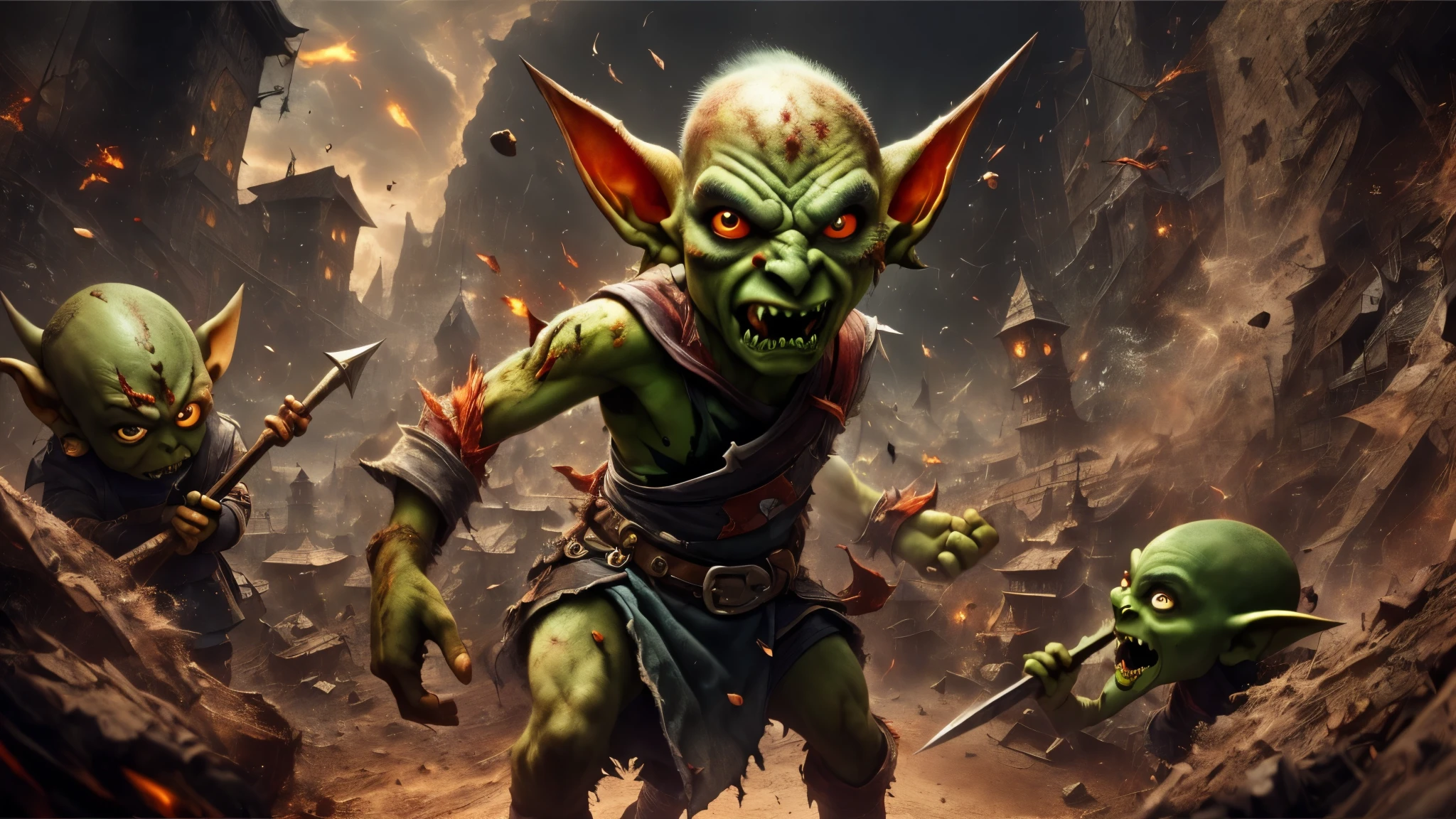 many goblins (goblin, green skin, pointy ears, dressed in rags), nasty goblin, want to fucked girl, group of goblin, Raiding village, village