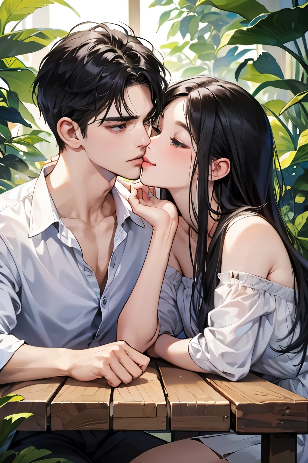 (table top, digital art, digital illustration, 4k, 8k, super detailed, beautiful images, clear image, realistic, RAW photo, perfect face, perfect lines, perfect eyes, soft lighting) ,1 female, (long black hair,straight hair,bullish look,beautiful woman,grace,Make up well,23 is a novel,:1.3),Two handsome men in suits, (human,muscular,solid shoulder width, mens,boyish hairstyle,british gentleman's style,A man in his 30s with a cool expression,28 year old man with a bright smile:1.2),Show your white teeth and smile(embarrassing,shy smile:1.1),garden full of light、??????、resort sofa、colorful flowers、innocent smile,smile、couple kissing、kiss、the kiss、romance、dinner、drink alcohol、drunk、blushing、embarrassed