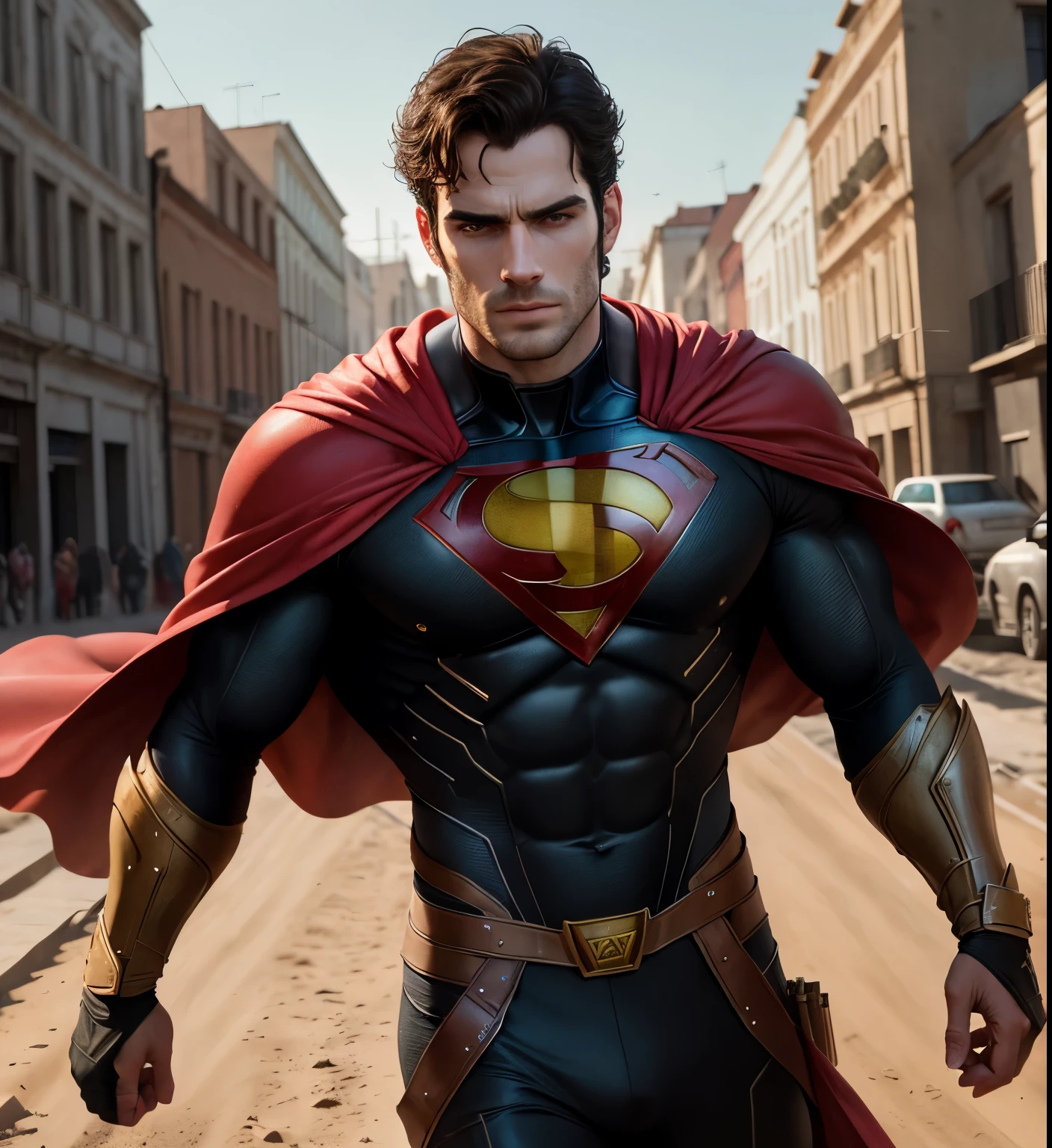 superhero henry cavill, parte superior del cuerpo,cinematographic, capa larga roja, Movie, grain Movie, edificio destruido , realista , (8K, foto cruda, Mejor calidad, Obra maestra:1.2), (realista, photo-realista:1.33), Mejor calidad, ojos detallados azules, grano de la Movie, piel arrugada, Afilado,