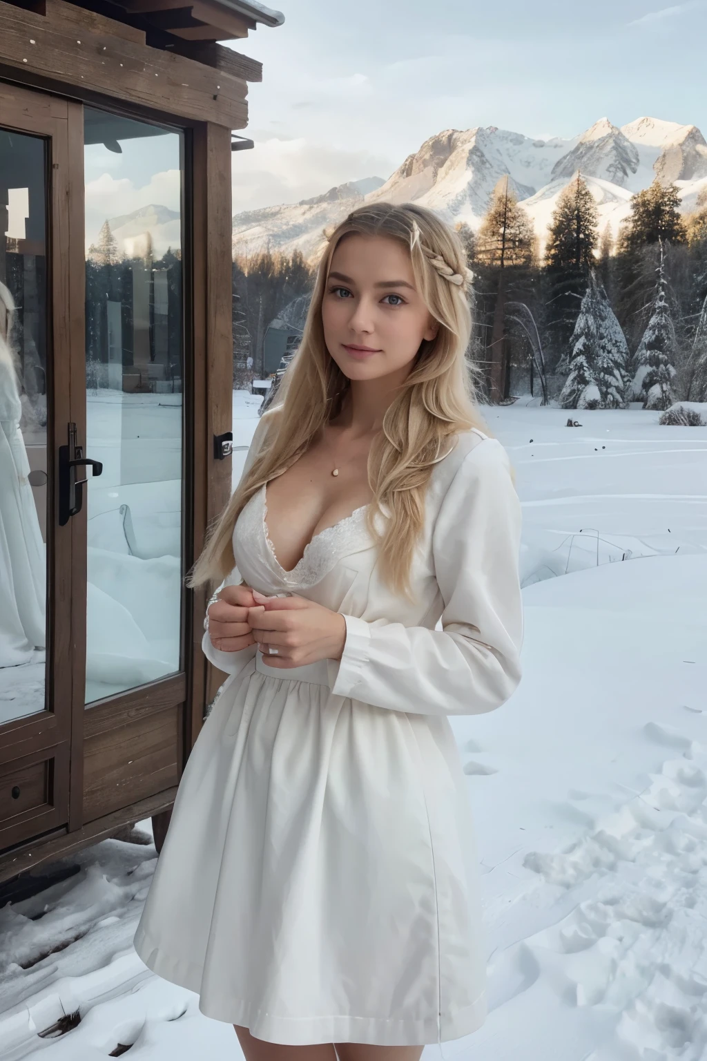 Fotorealistisch, best quality, hyperdetailliert, beautiful woman with natural blonde hair, Selfie-Foto, upper body, Allein, Winterkleidung tragen, outside, (Tageszeit), Verschneite Landschaft, Schneeflocken, (froh), Hautstruktur mit frechem 30G, sichtbar unter der Kleidung, 95D, Cleavage, Filmkorn, Nahaufnahme, ultra high resolution, Bester Schatten, ROH, Instagram-LUT