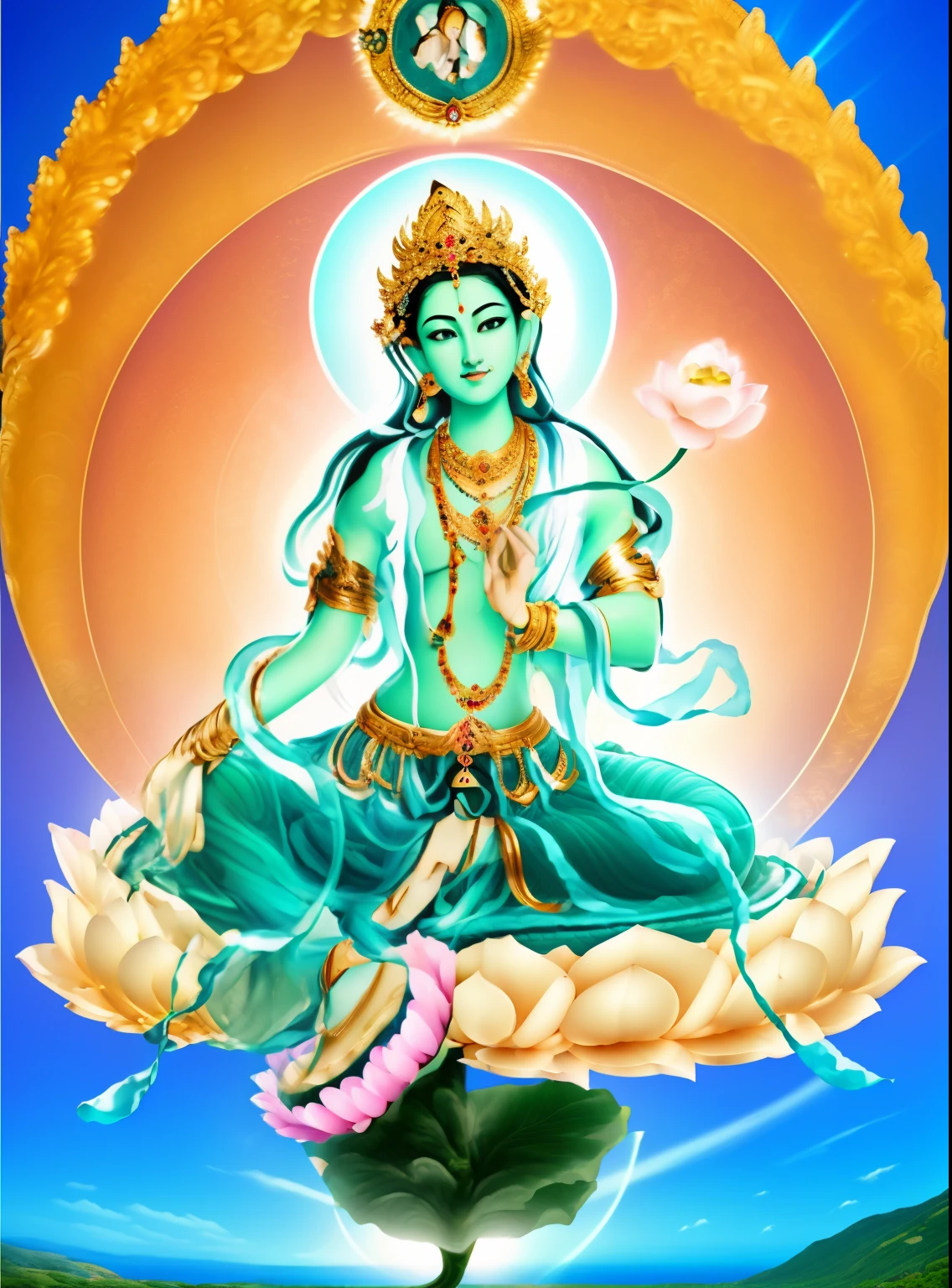 Beautiful woman sitting on a lotus,Wearing an exquisite gold crown,beautiful face,Hold the stem with one hand,The other palm is facing outward,Light brown dress,Barefoot with both feet,(original:1.2),(realistically:1.4),(clarity:1.2),16 years old,(((Body high:1.5))),(((Gemstones reflect dazzling light))),(abdominal muscles:0.7),(gluteal muscles:1.2),(healthy green skin, thin skin, seductive expression, double eyelids,Jelly textured lips, glowing lips,Small upturned lips,There is an eye in the middle of the forehead,((Fold the shallow)),skin shiny,(((Detailed skin texture))),real pores,textured skin,(Wear gemstones,necklace,Yingluo,pearl,Jade,amber,),(dynamic hair,hair falling on shoulders,beaded hairpin,noble,),Eyes looking at the camera,The sky behind your head is illuminated by a circle of light,The background is blue sky,Blue sky and white clouds, High quality details, Exquisite details,light,,absurd, Incredibly ridiculous, Huge file size, Super detailed, high resolution, The content is very detailed,best quality,masterpiece,revelation,The content is very detailed,CG,Unite,8k wallpaper,Amazing cleavage,detailed,masterpiece,(((dynamic poses))), ((correct anatomy)),(((Correct anatomy))