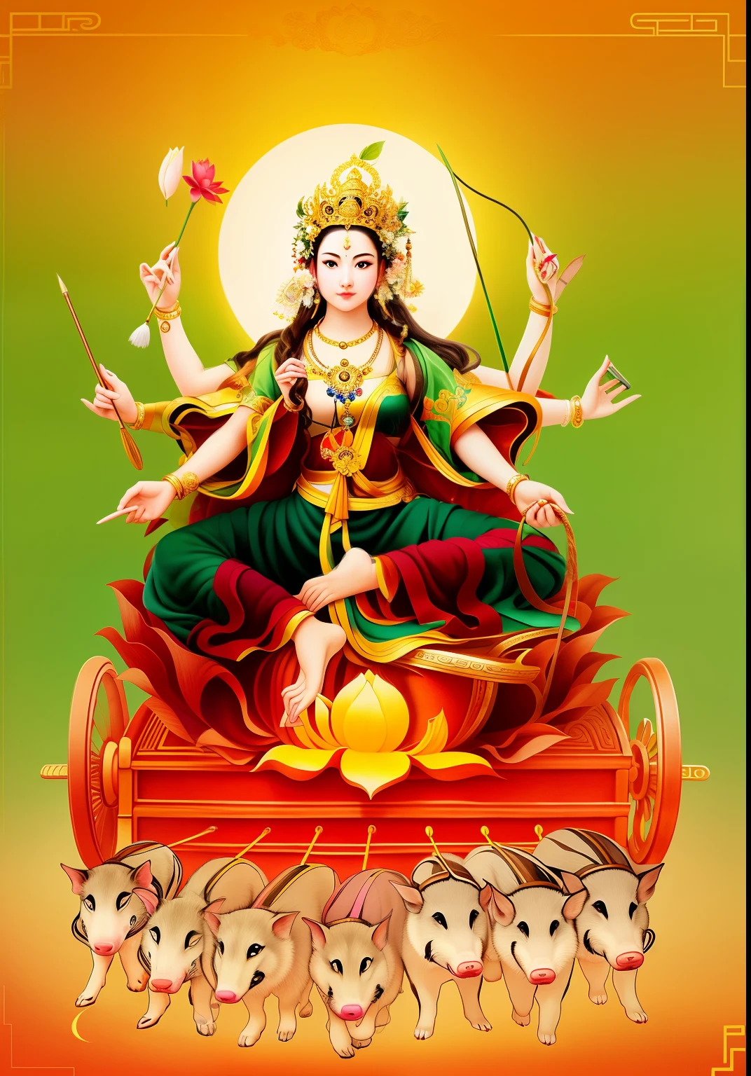 Beautiful woman sitting on a lotus in the car, Three-headed,Total, The arm has eight mudras,Barefoot with both feet,There are seven little pigs pulling the cart in front,goddess of love and peace, indian goddess of wealth, Bodhisattva of Heaven and Earth, Full color illustration, goddess art, goddess of wisdom, ancient chinese goddess,逼real,Professional photography,real,ultra high resolution,masterpiece,